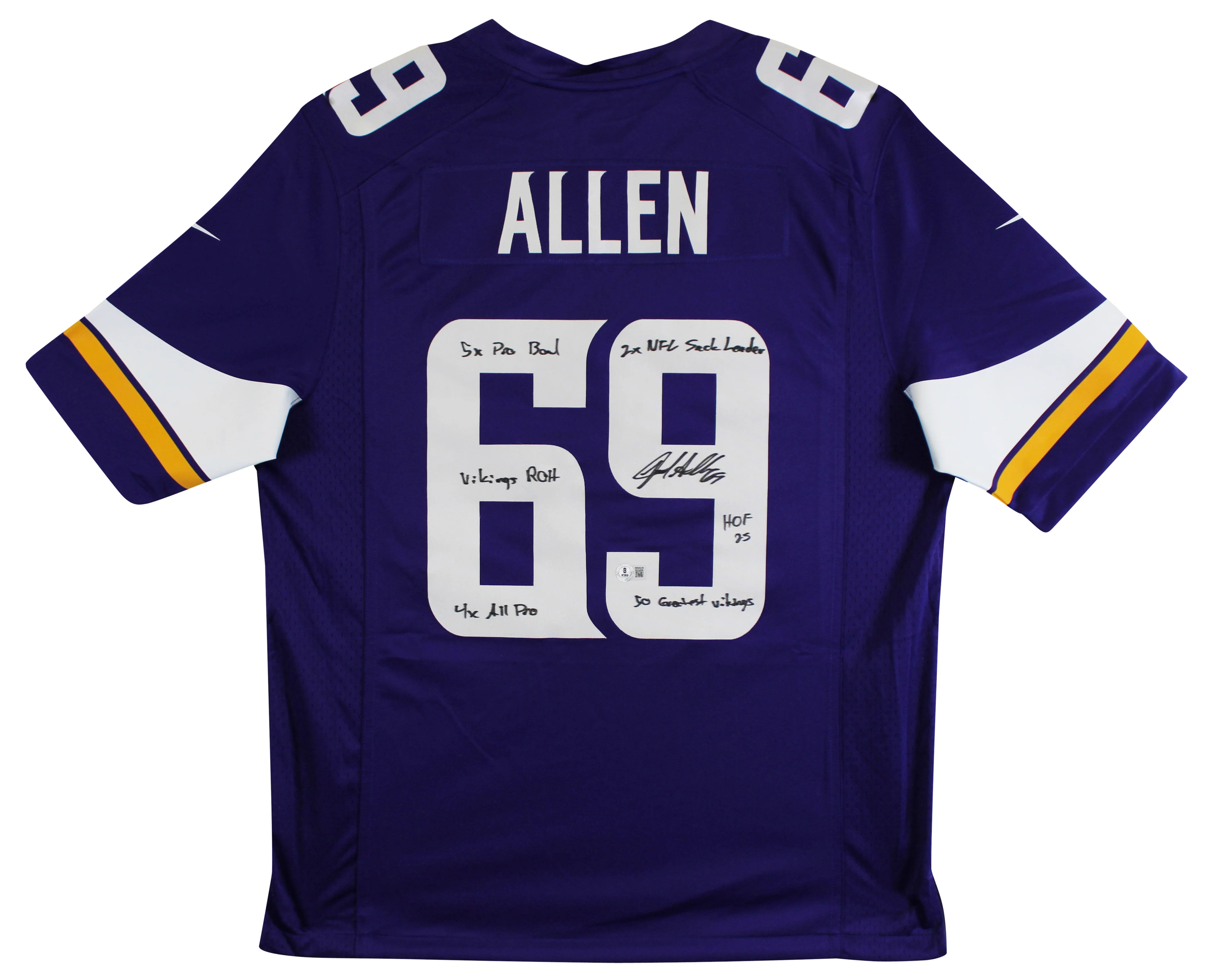 Vikings Jared Allen "6x Insc" Signed Purple Nike Limited Jersey BAS Witnessed - Image 3