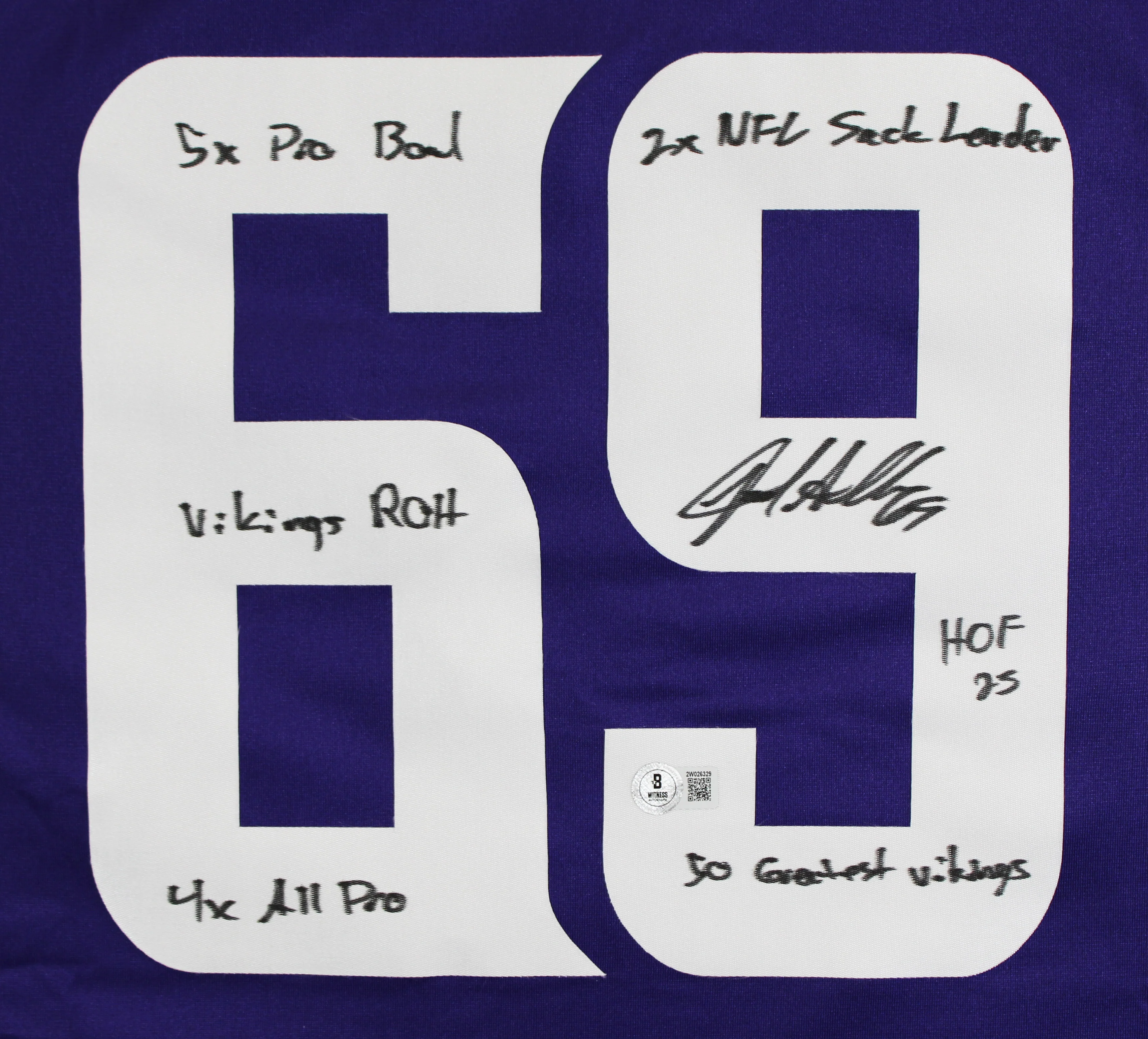 Vikings Jared Allen "6x Insc" Signed Purple Nike Limited Jersey BAS Witnessed - Image 4
