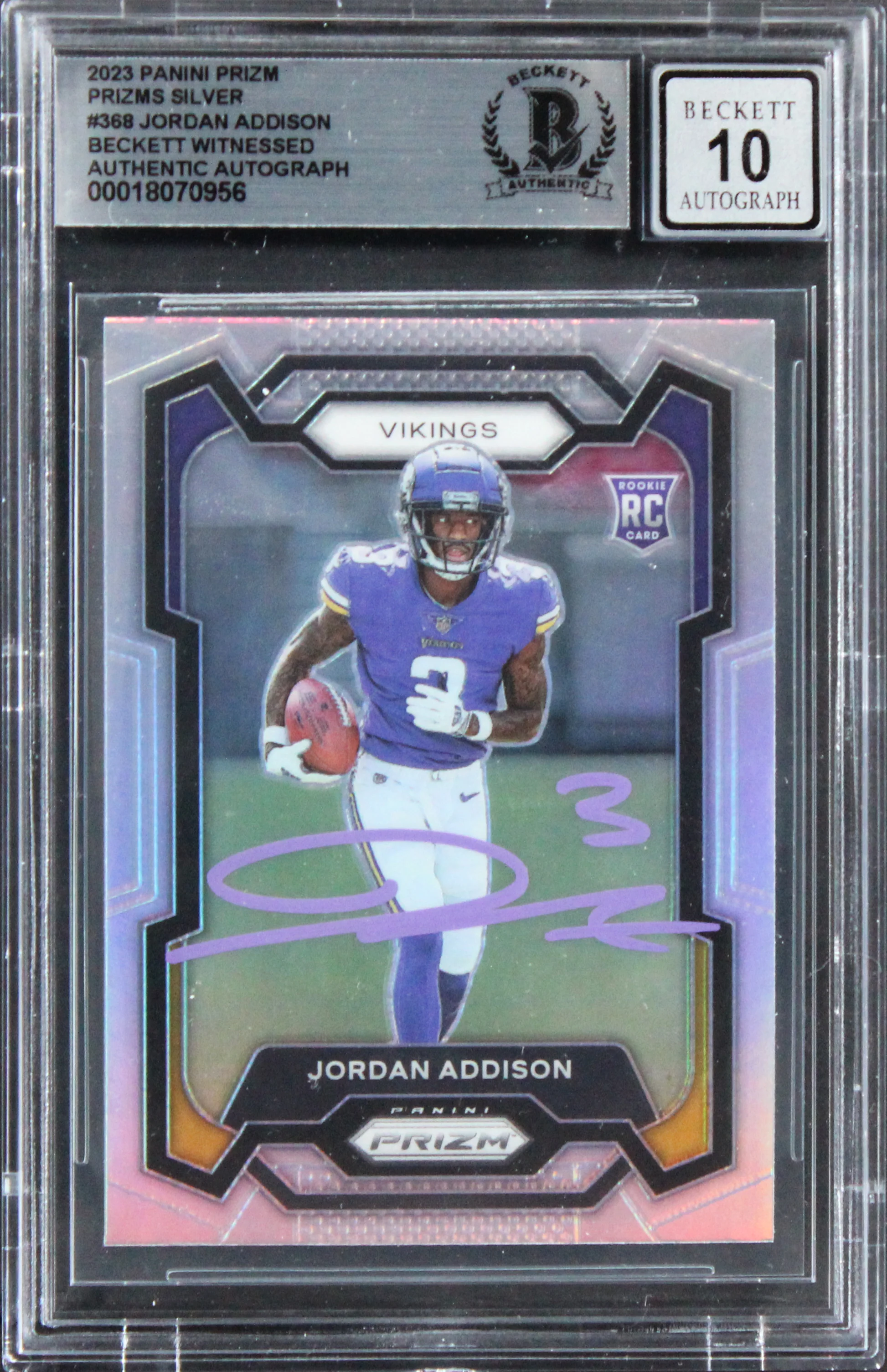 Vikings Jordan Addison Signed 2023 Panini Prizm Silv #368 Card Auto 10! BAS Slab - Image 2