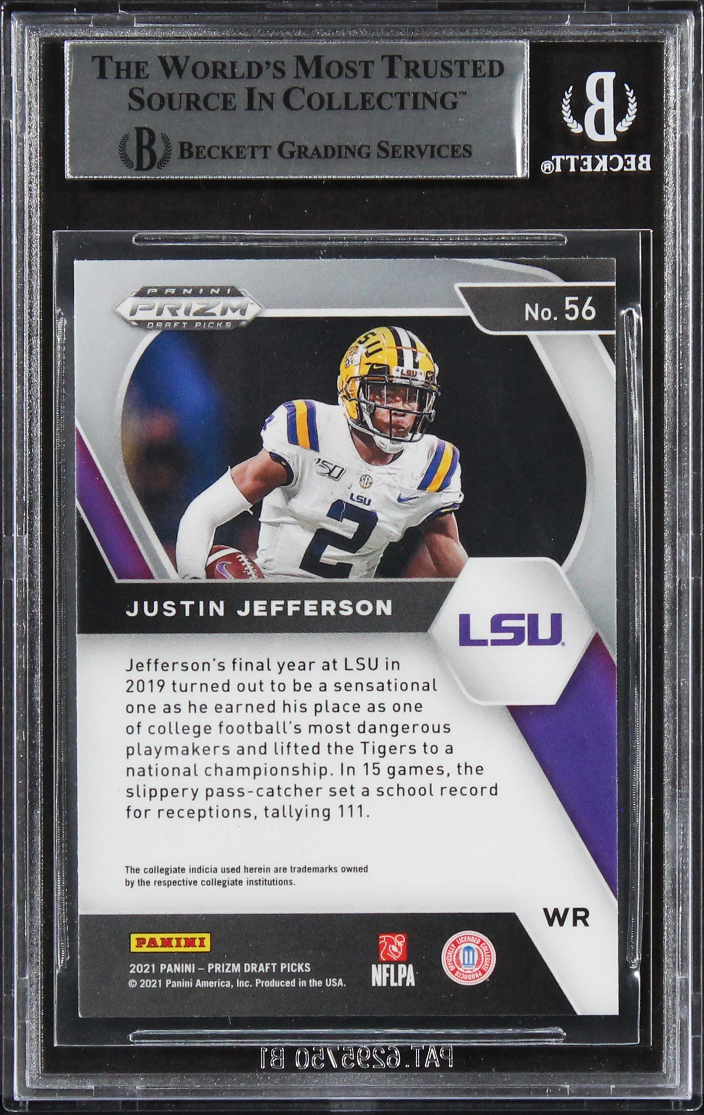 Vikings Justin Jefferson Signed 2020 Panini Prizm Draft Picks #56 Card BAS Slab - Image 3