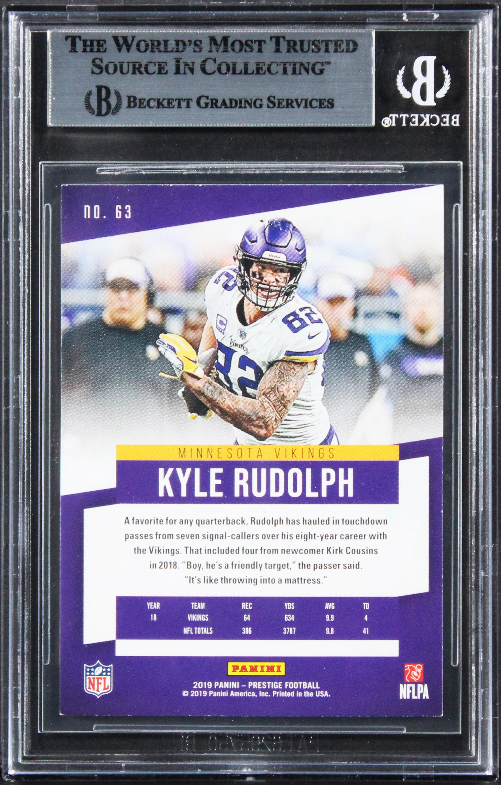 Vikings Kyle Rudolph Authentic Signed 2019 Prestige #63 Card BAS Slabbed - Image 3