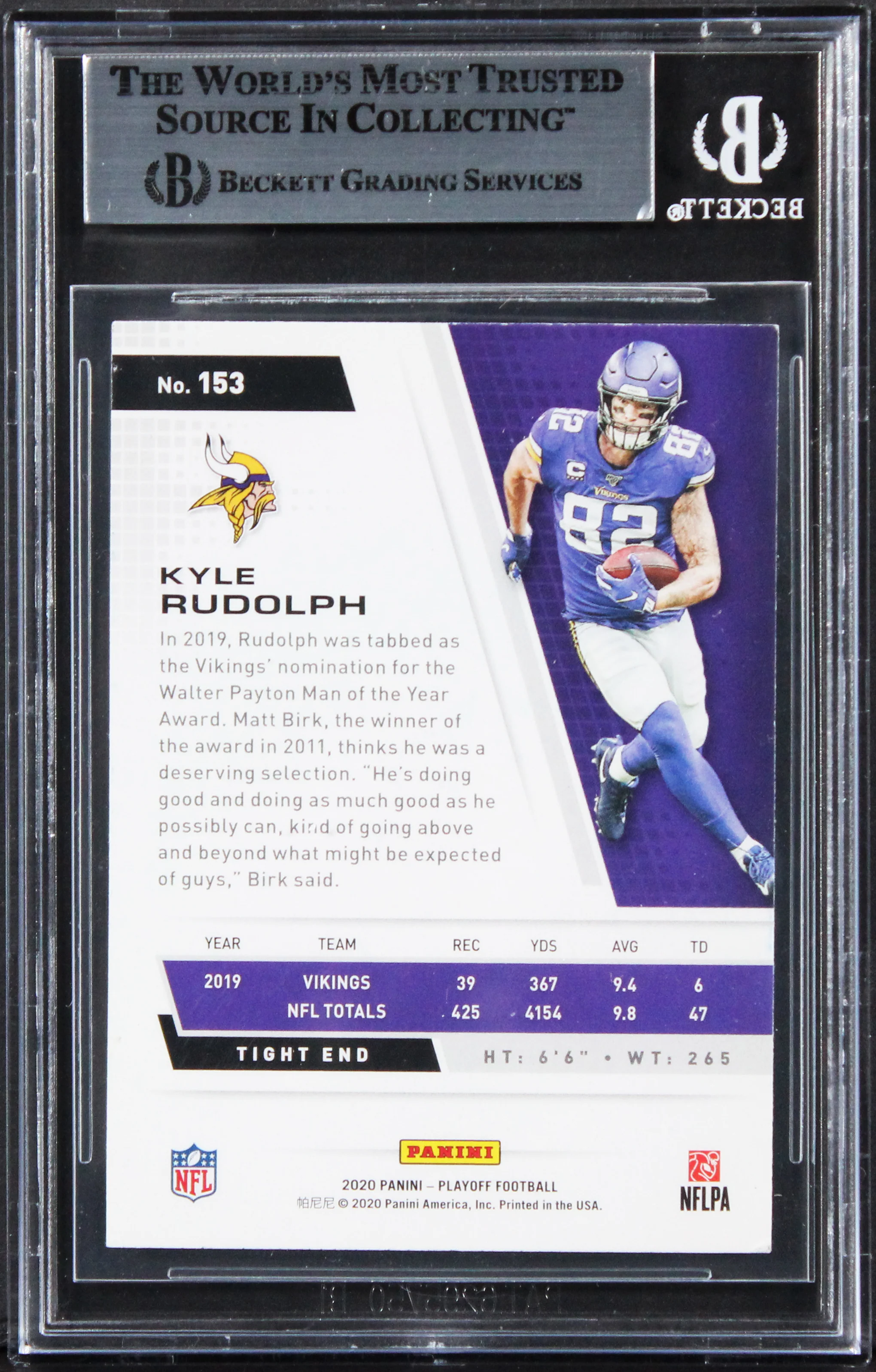 Vikings Kyle Rudolph Authentic Signed 2020 Playoff #153 Card BAS Slabbed - Image 3