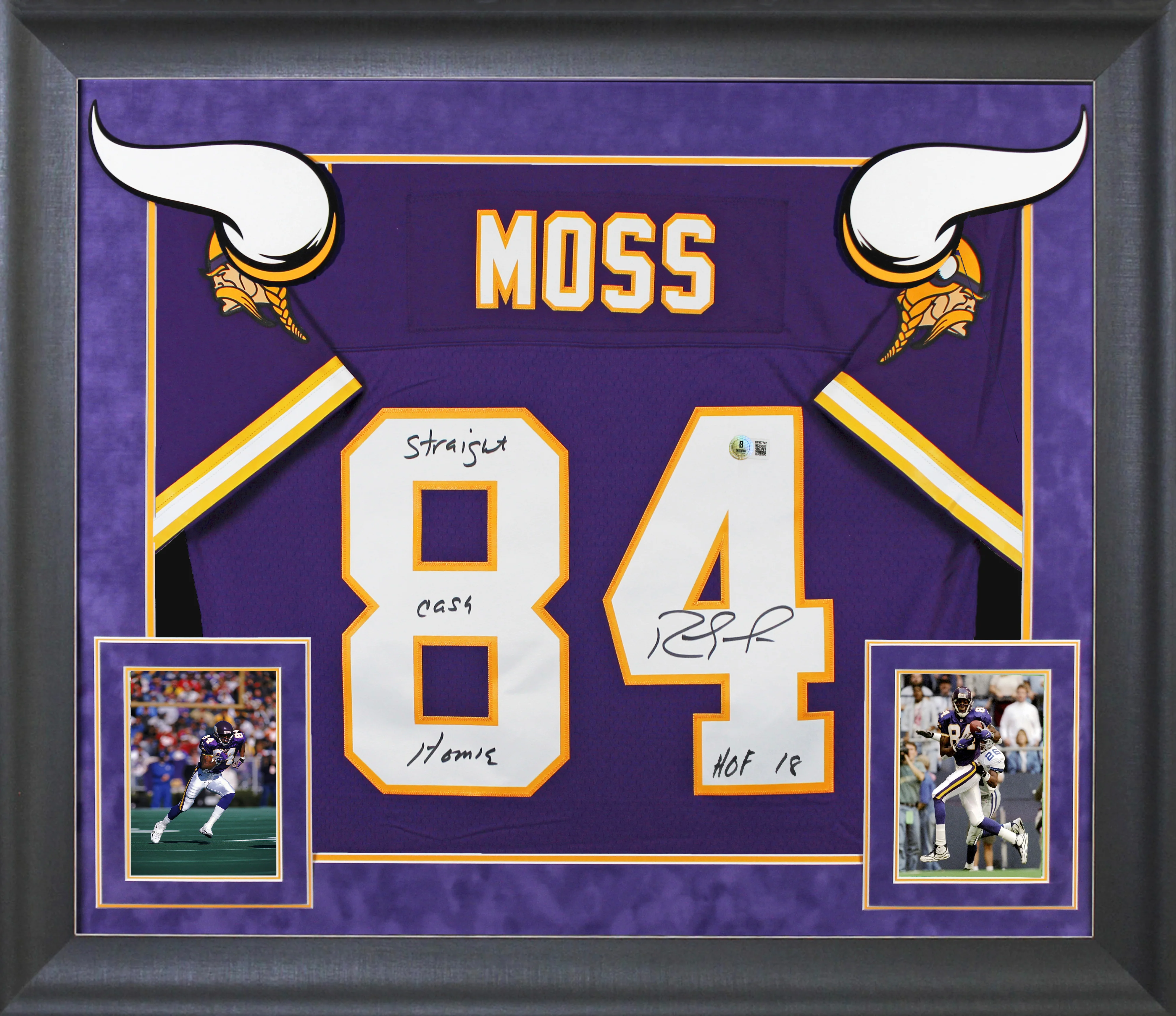Vikings Randy Moss "2x Insc" Signed Purple 1998 M&N TB Framed Jersey BAS Witness - Image 2