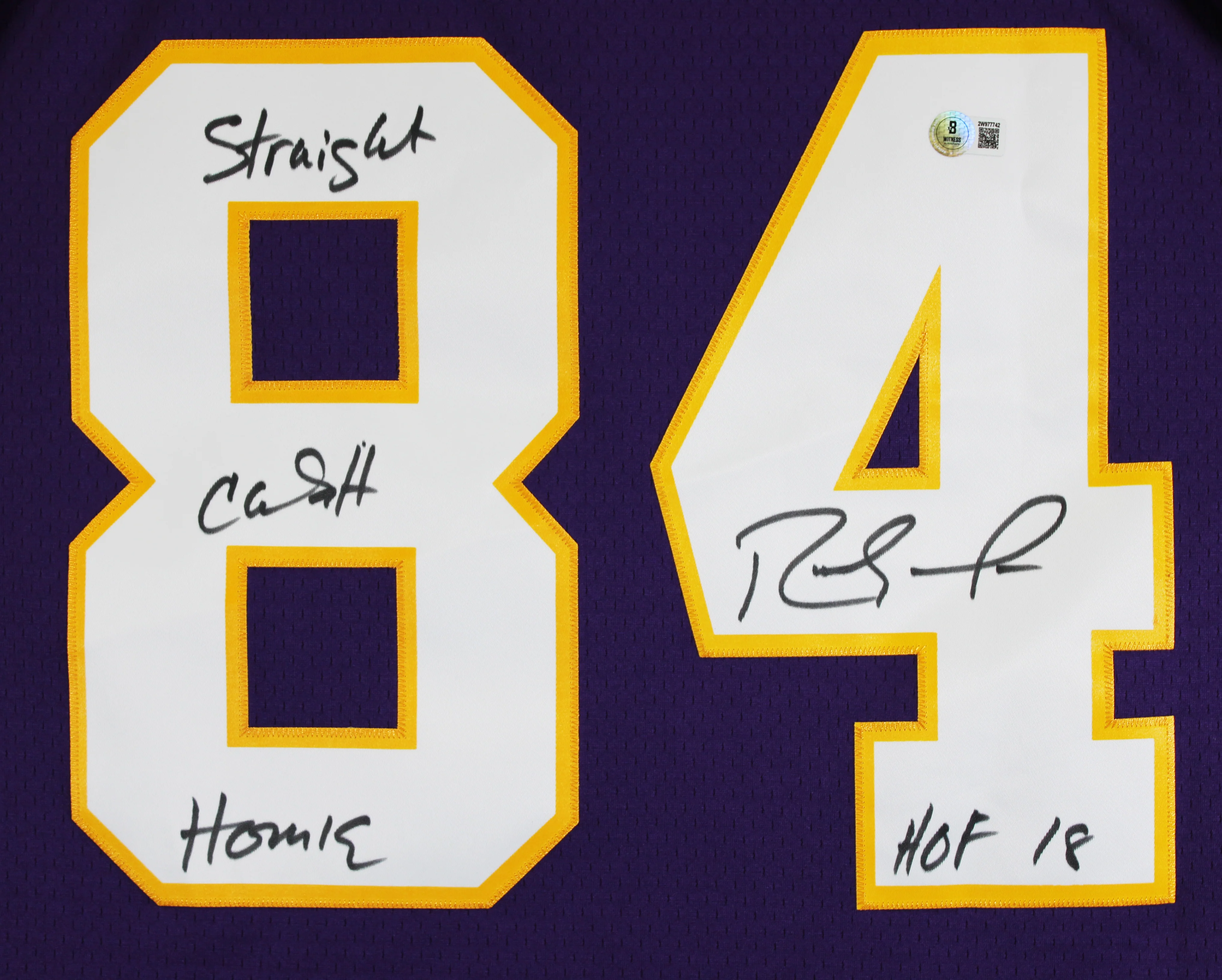 Vikings Randy Moss "2x Insc" Signed Purple 1998 M&N TB Framed Jersey BAS Witness - Image 3