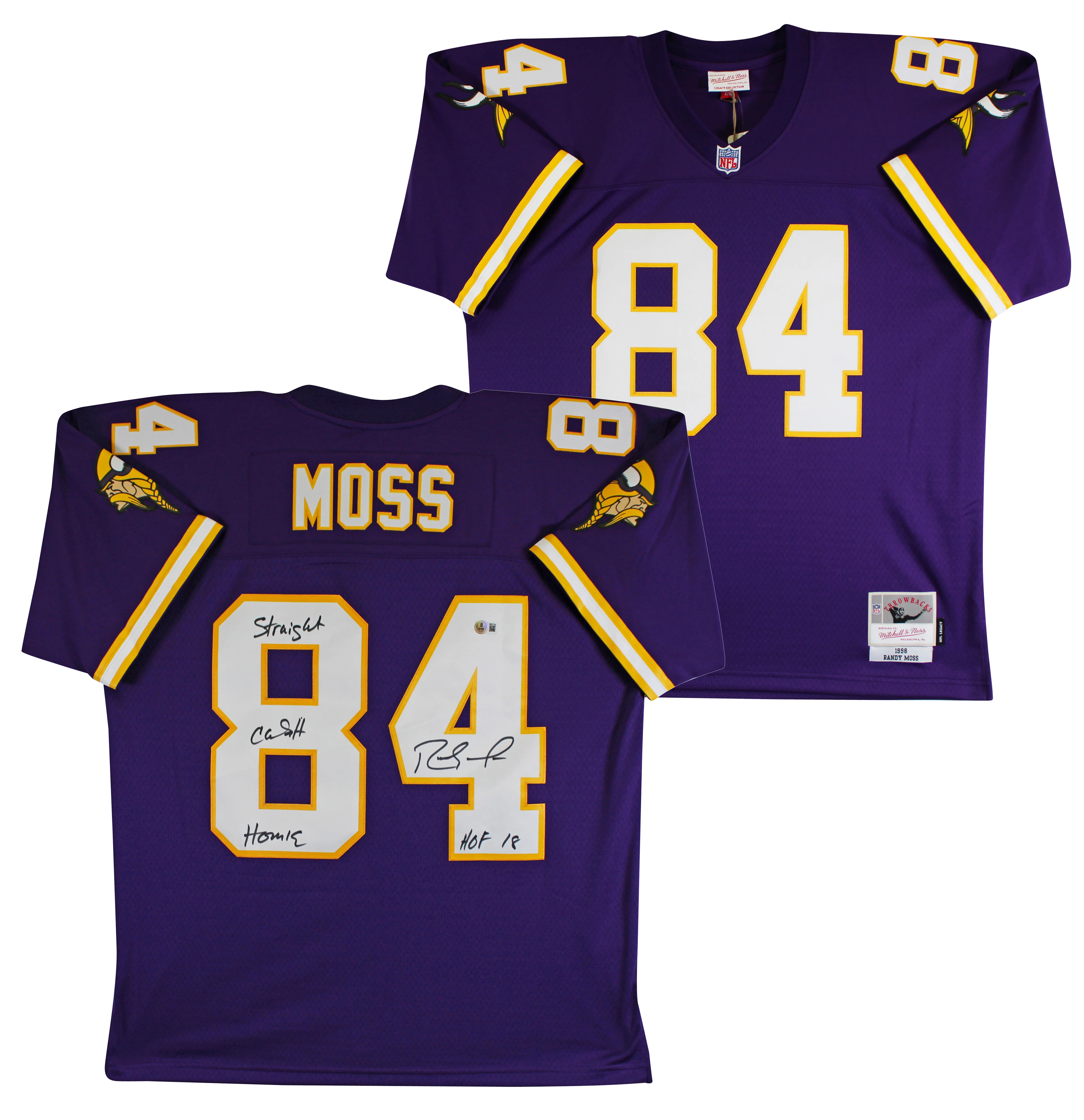Vikings Randy Moss "2x Insc" Signed Purple 1998 M&N TB Jersey BAS Witnessed - Image 2