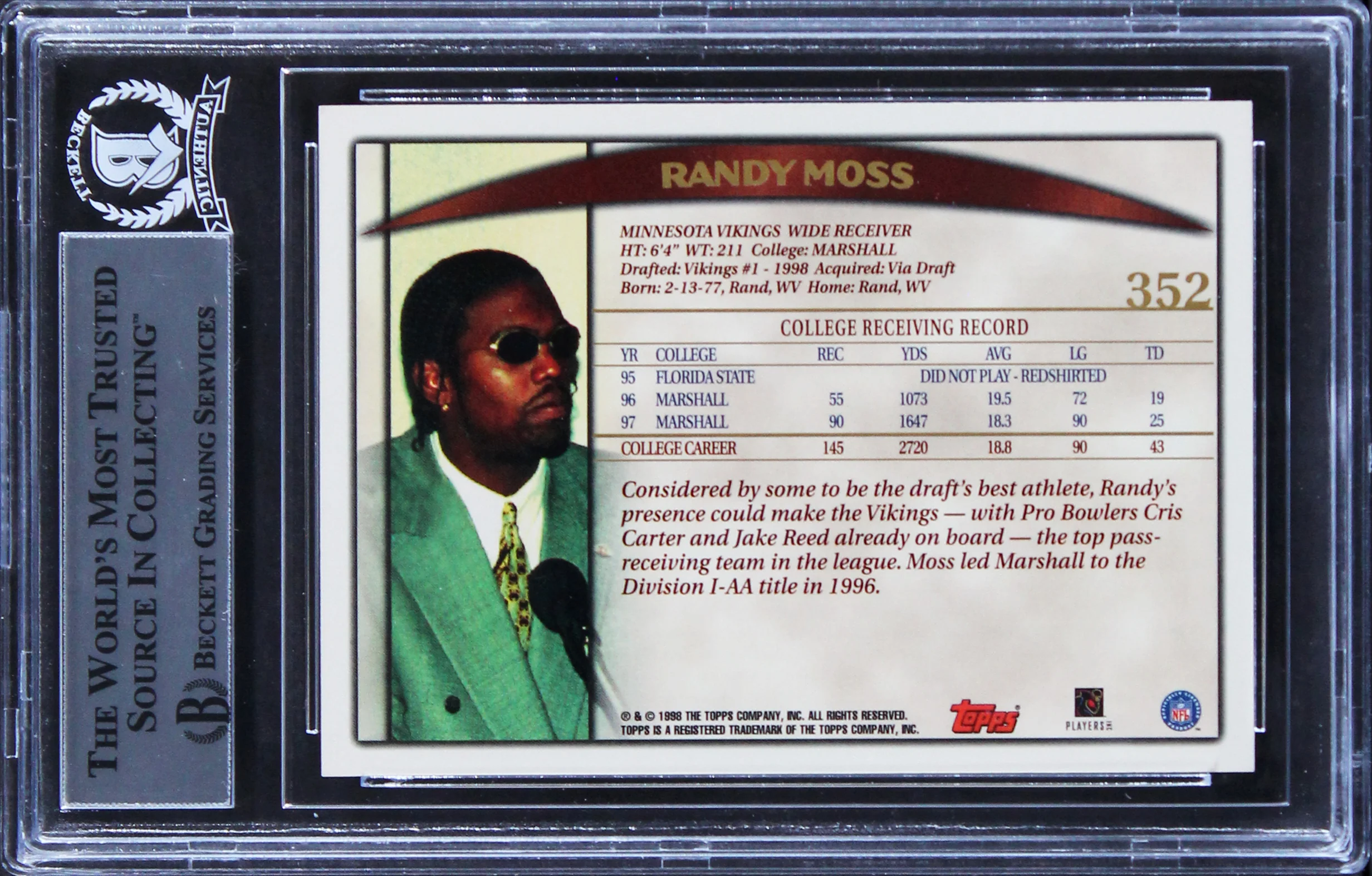 Vikings Randy Moss Authentic Signed 1998 Topps #352 Rookie Card BAS Slabbed - Image 3
