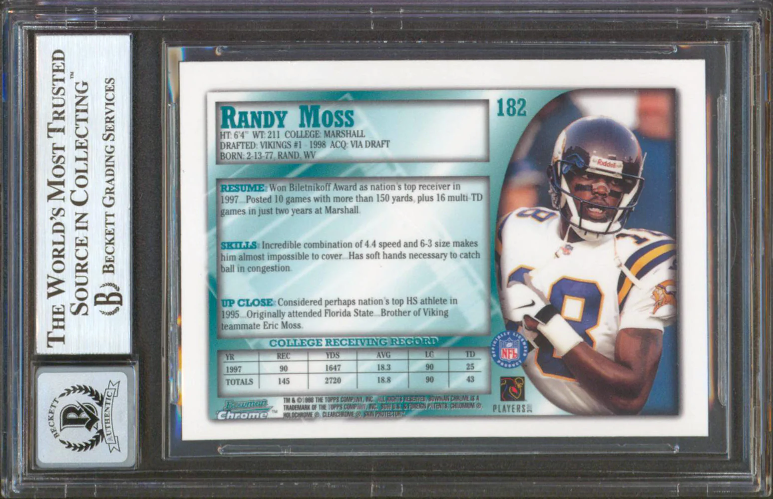 Vikings Randy Moss Signed 1998 Bowman Chrome #182 RC Card Auto 10! BAS Slabbed - Image 3