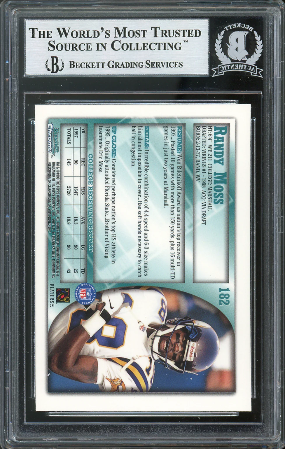 Vikings Randy Moss Signed 1998 Bowman Chrome #182 Rookie Card BAS Slabbed - Image 3