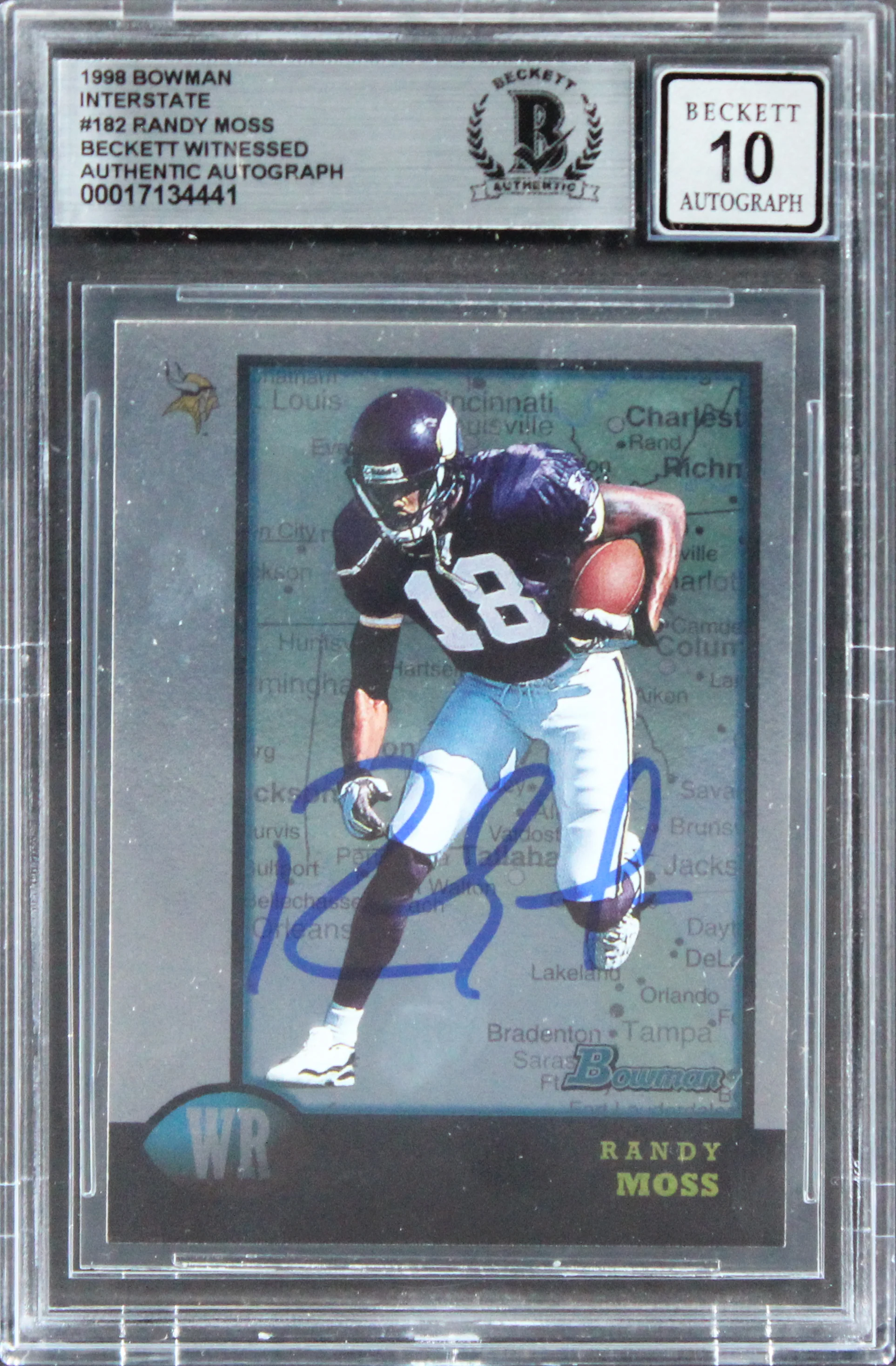 Vikings Randy Moss Signed 1998 Bowman Interstate #182 RC Card Auto 10! BAS Slab - Image 2
