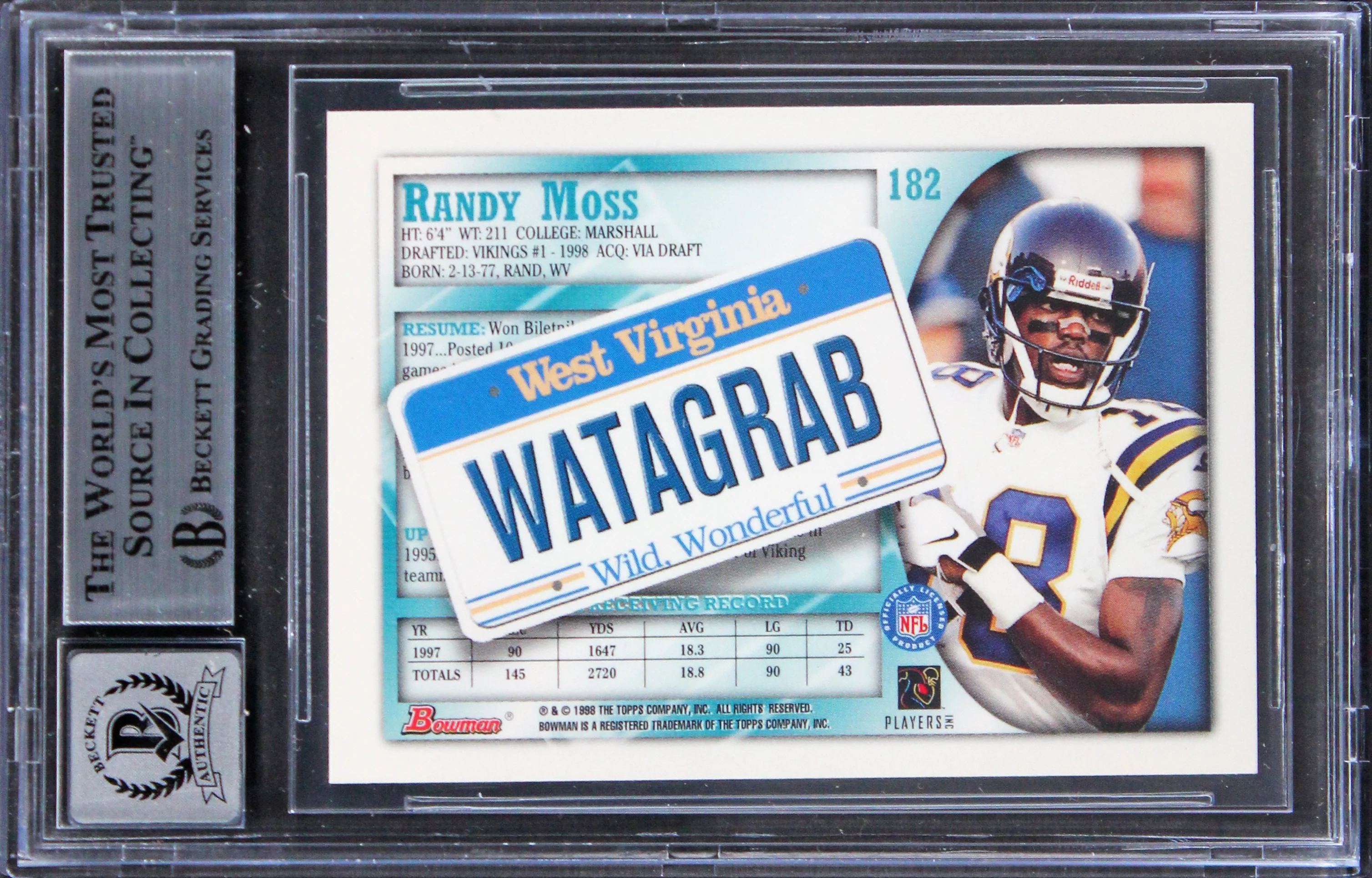 Vikings Randy Moss Signed 1998 Bowman Interstate #182 RC Card Auto 10! BAS Slab - Image 3