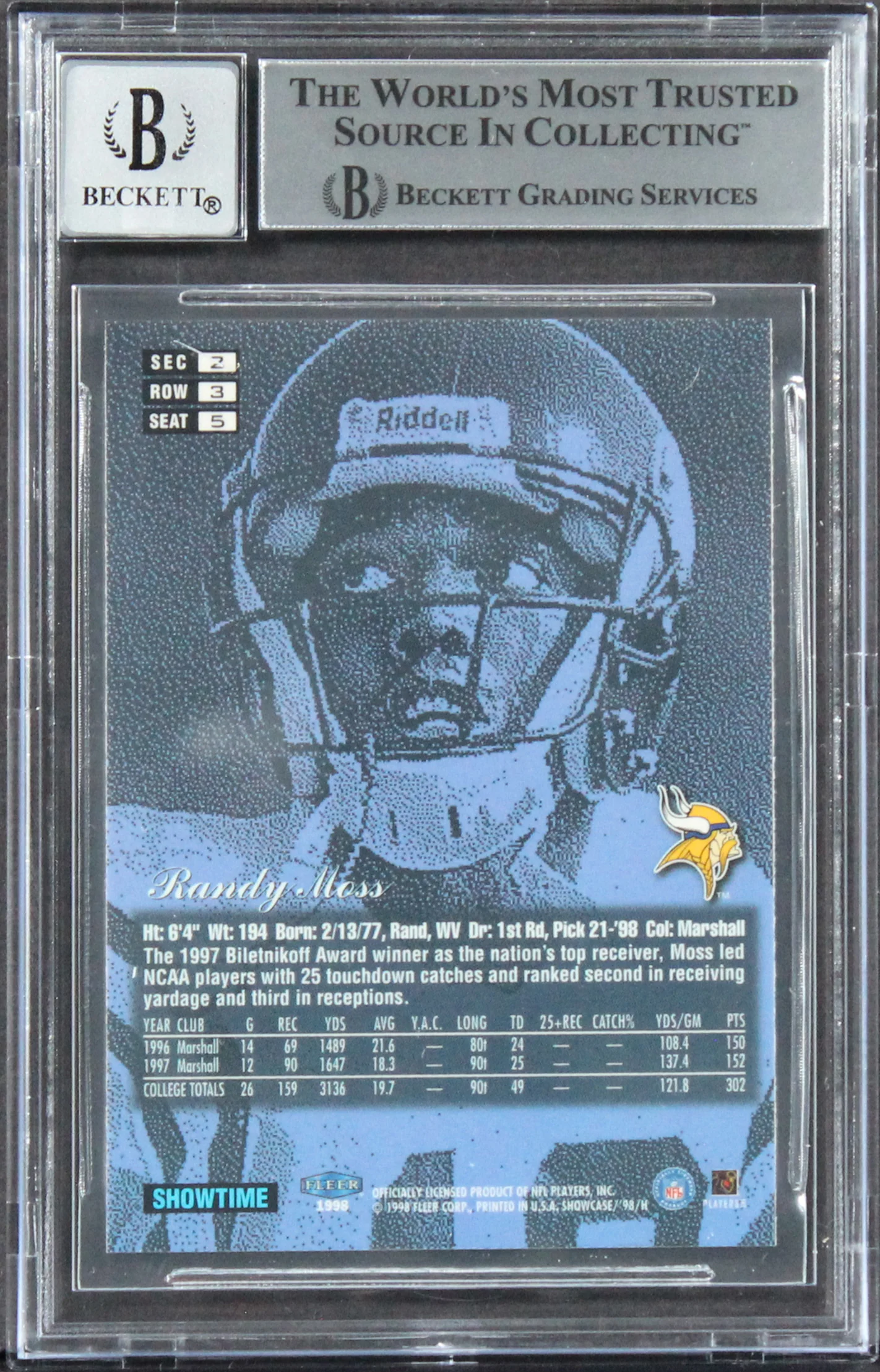 Vikings Randy Moss Signed 1998 Flair Showcase Row 3 #5 RC Card Auto 10! BAS Slab - Image 3