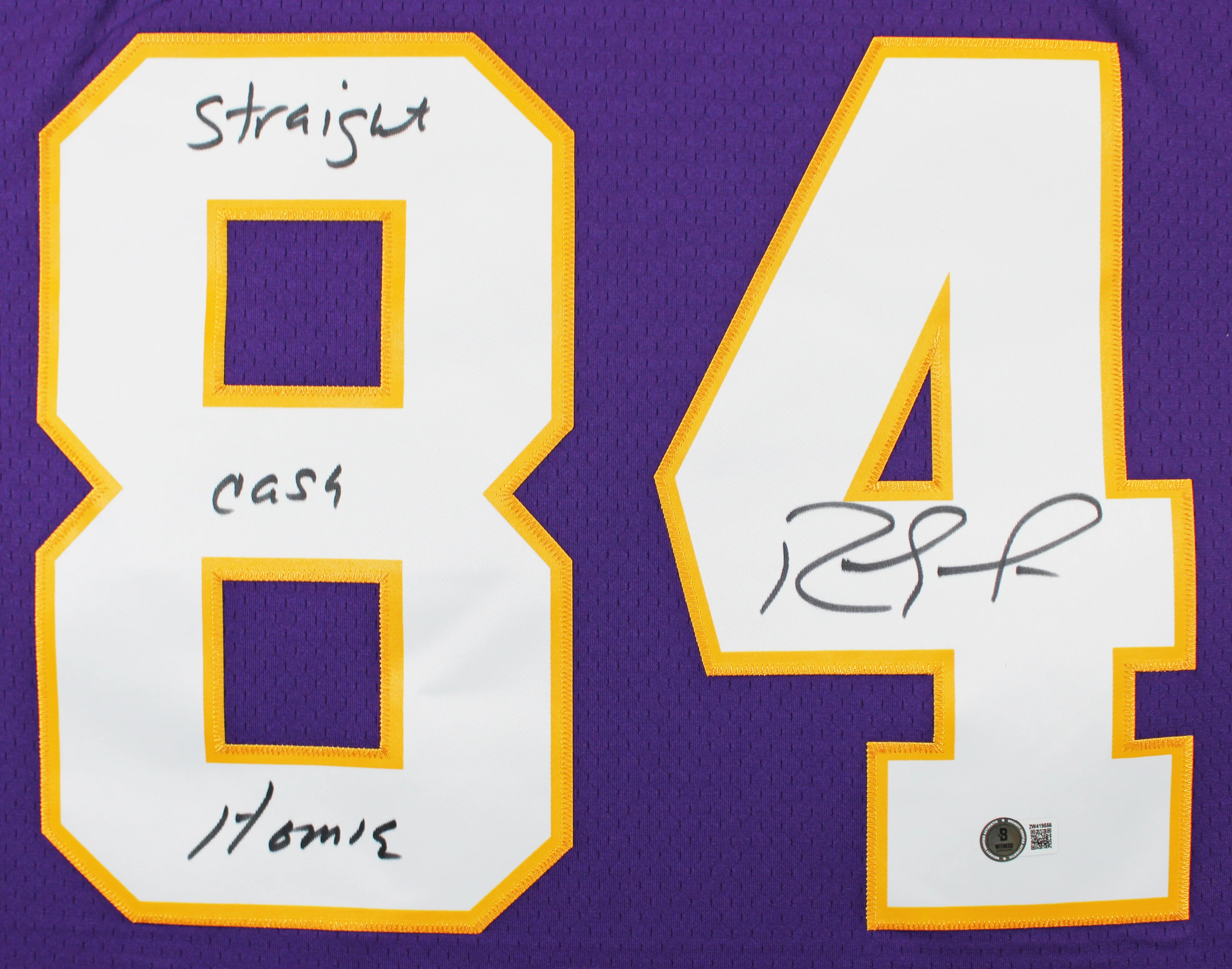 Vikings Randy Moss "Straight Cash Homie" Signed Purple M&N TB Jersey BAS Witness - Image 2