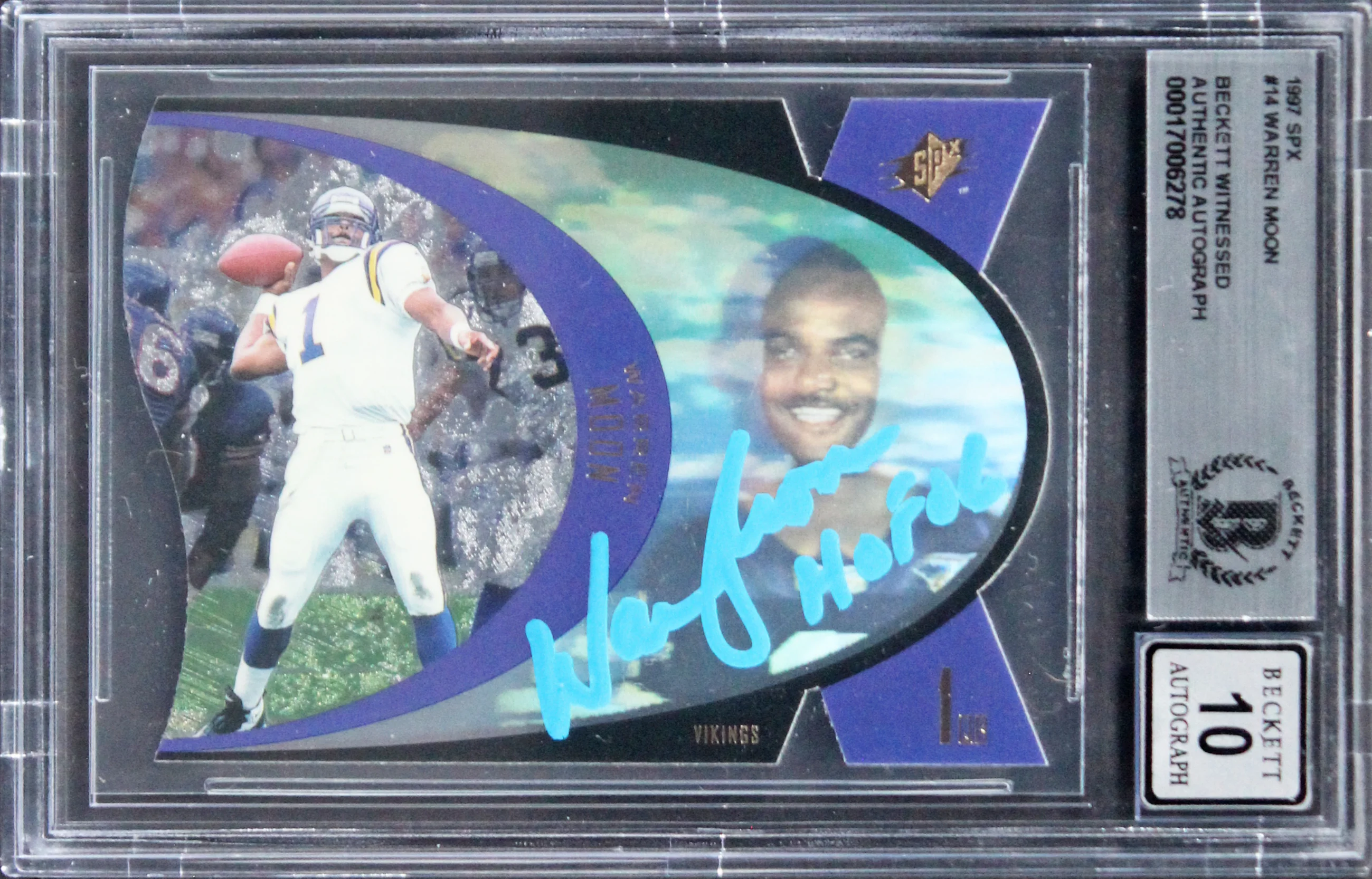 Vikings Warren Moon "HOF 06" Signed 1997 SPX #14 Card Auto 10! BAS Slabbed - Image 2