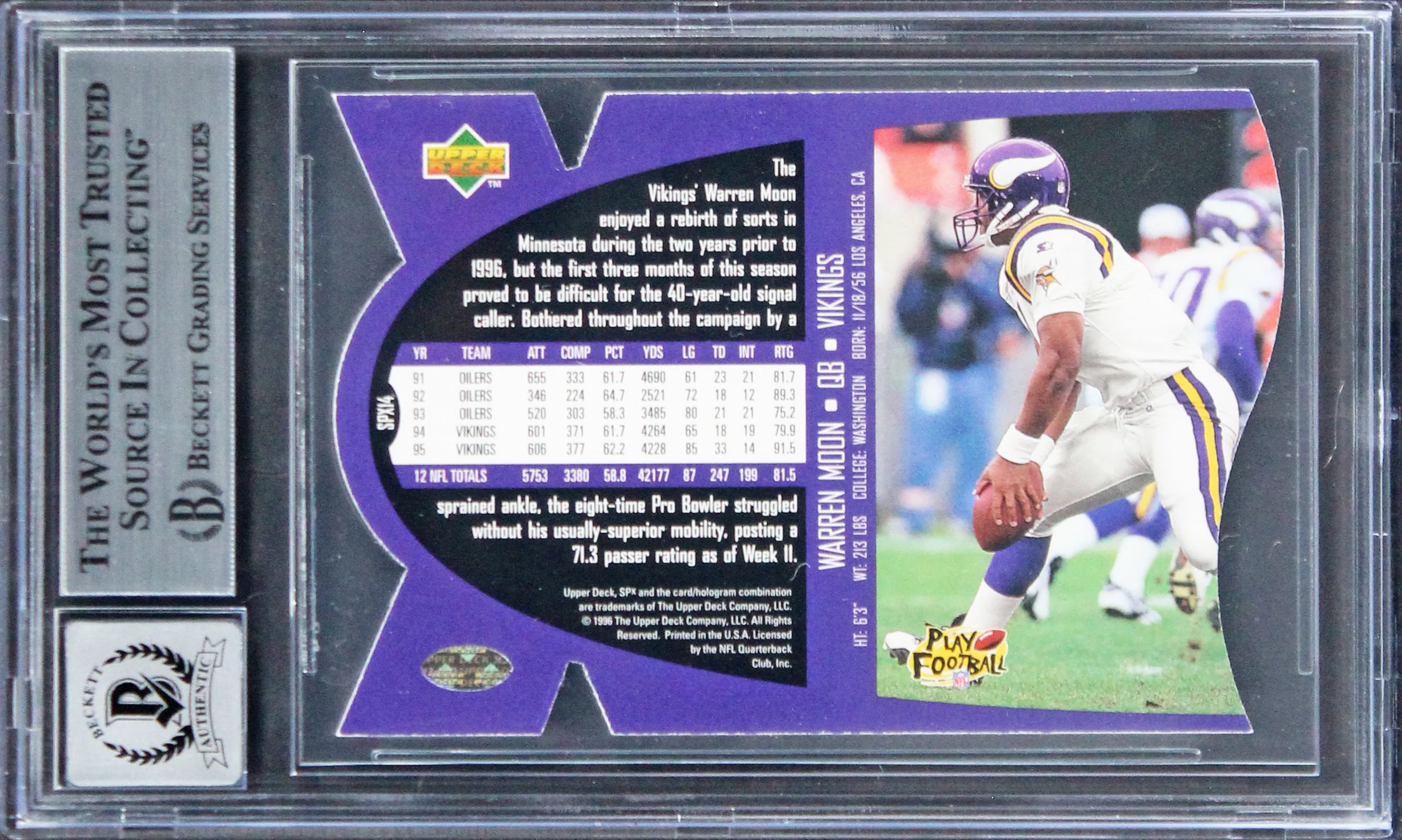 Vikings Warren Moon "HOF 06" Signed 1997 SPX #14 Card Auto 10! BAS Slabbed - Image 3