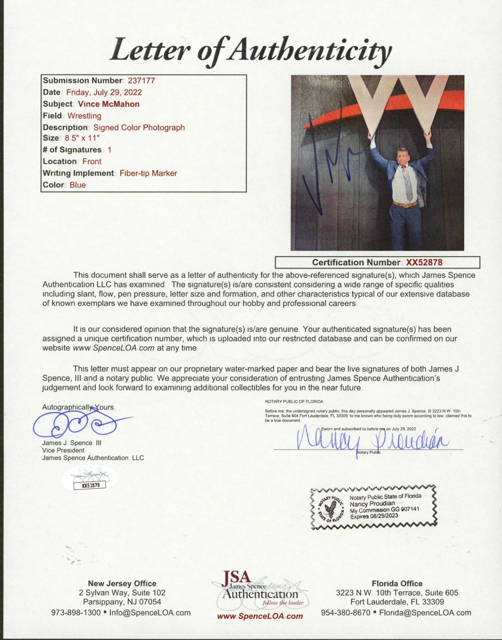 Vince McMahon Authentic Signed 8.5x11 Vertical Photo Autographed JSA #XX52878 - Image 3
