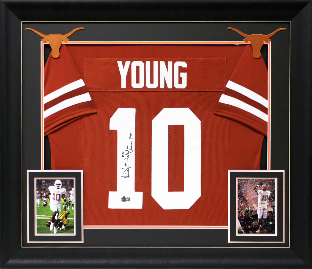 Vince Young "05 Nat'l Champs" Signed Burnt Orange Pro Style Framed Jersey BAS W - Image 2