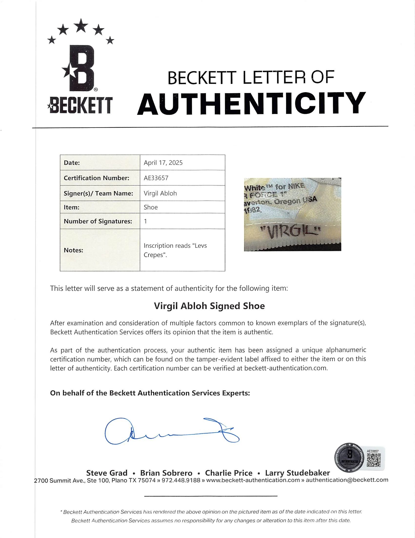 Virgil Abloh Signed 2017 Nike Off White Air Force 1 Low "The Ten" Shoes BAS LOA - Image 10