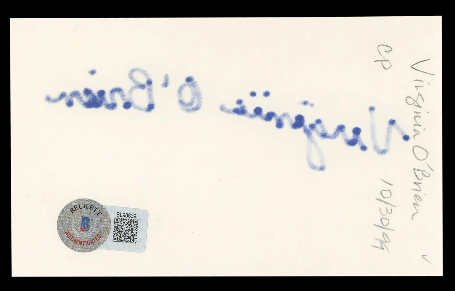 Virginia O'Brien The Harvey Girls Authentic Signed 3x5 Index Card BAS #BL98839 - Image 3