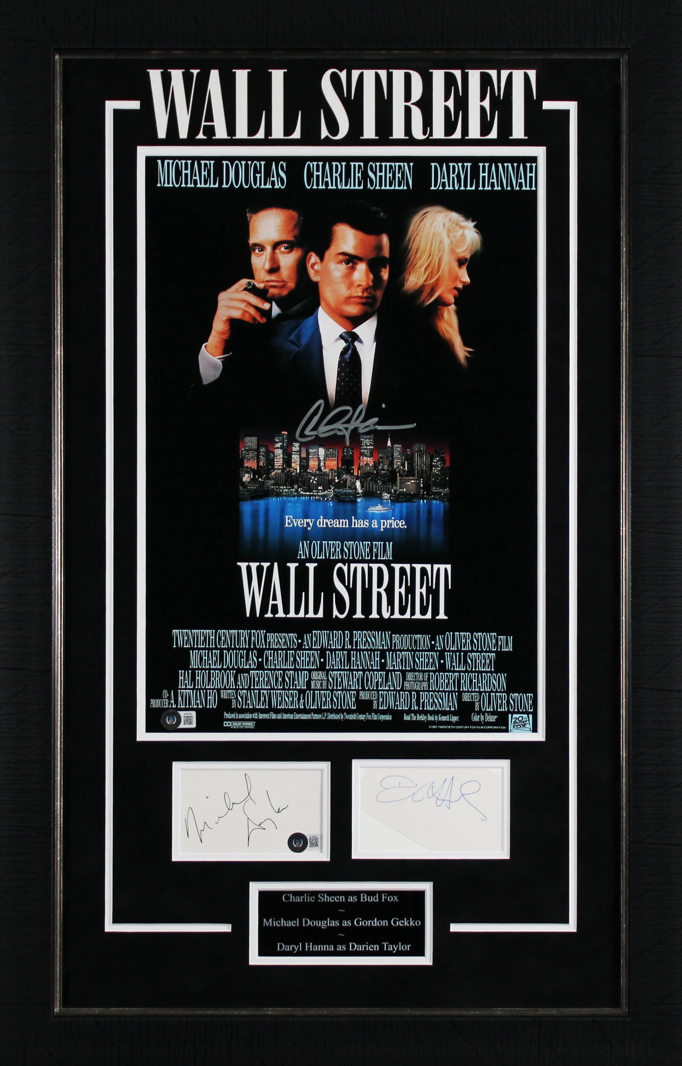 Wall Street (3) Sheen, Douglas & Hannah Authentic Signed Framed Display BAS LOA