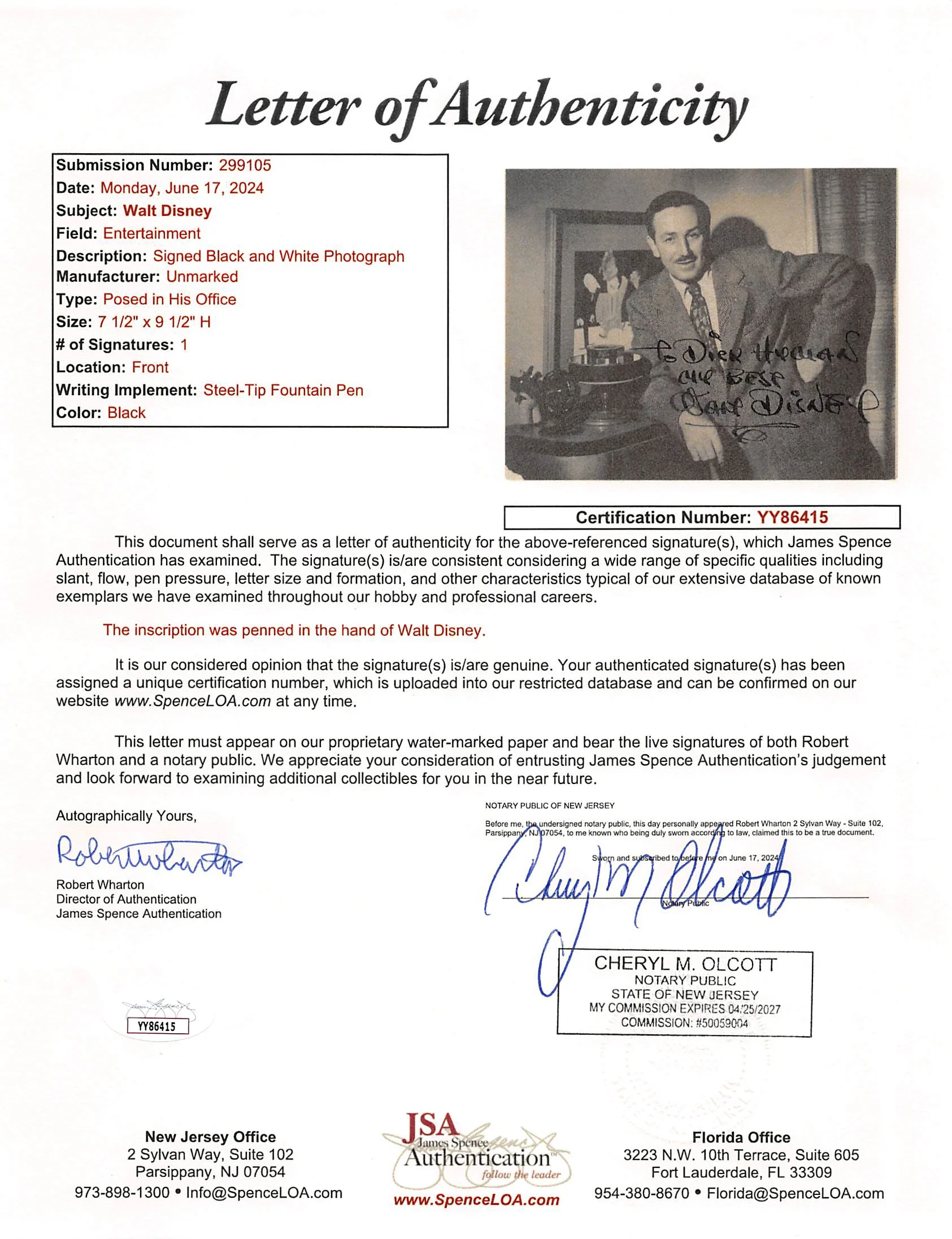 Walt Disney My Best Authentic Signed Black & White 7.5x9.5 Photo JSA #YY86415 - Image 3