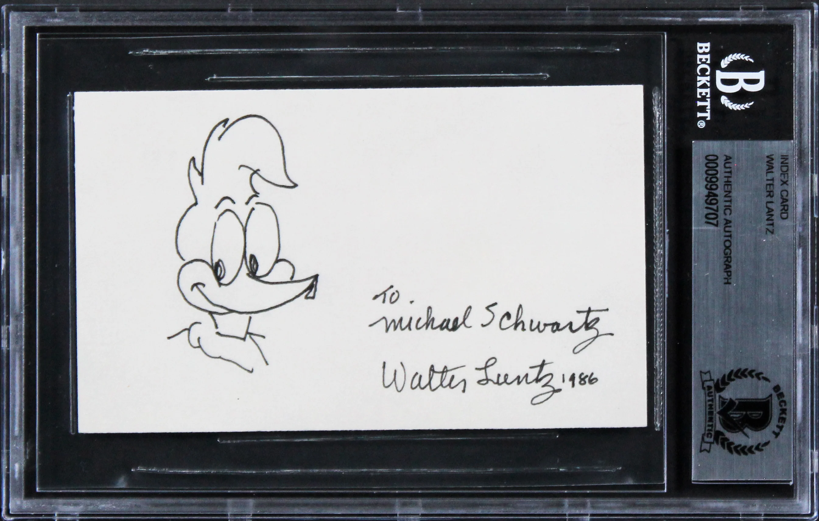 Walter Lantz Signed 3x5 Index Card w/ Woody Woodpecker Sketch BAS Slabbed - Image 2