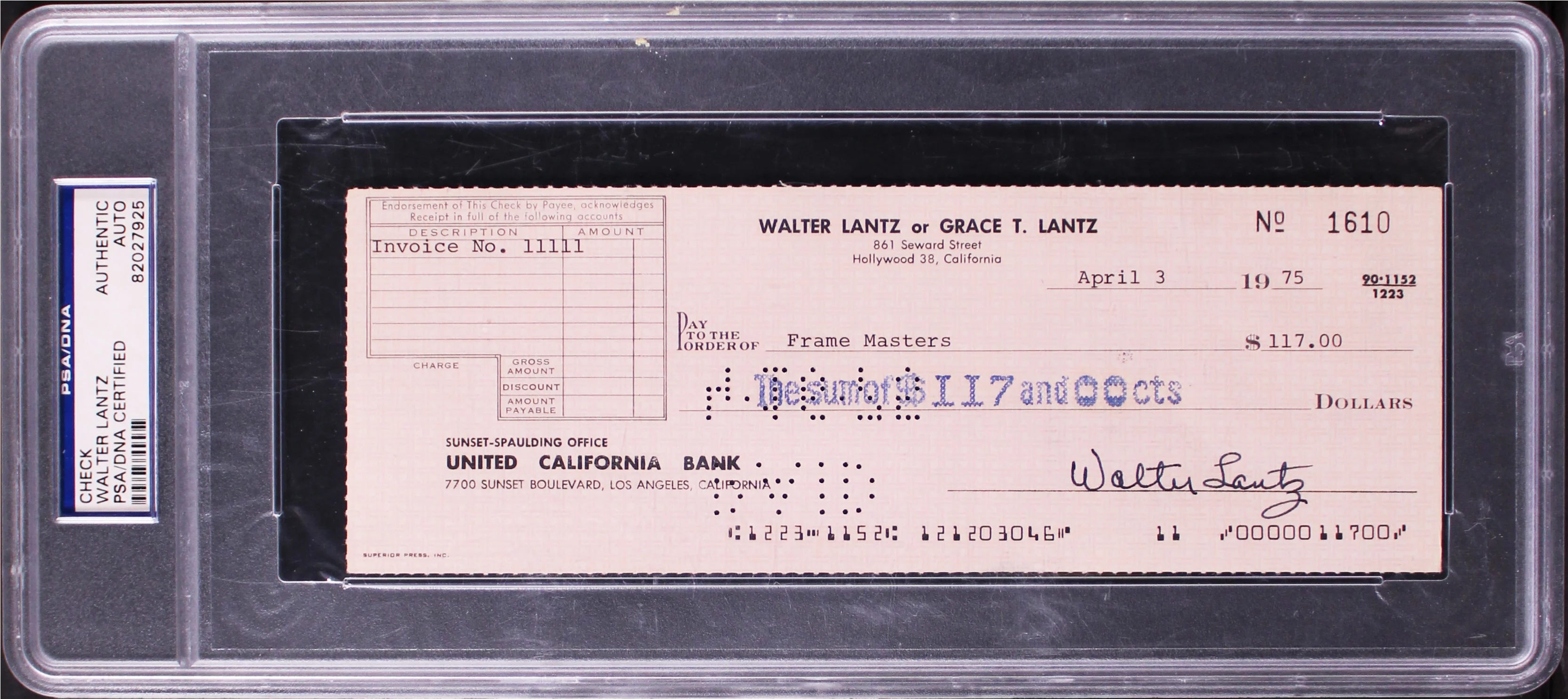 Walter Lantz Woody Woodpecker Authentic Signed 3x8.25 1975 Check PSA/DNA Slabbed - Image 2