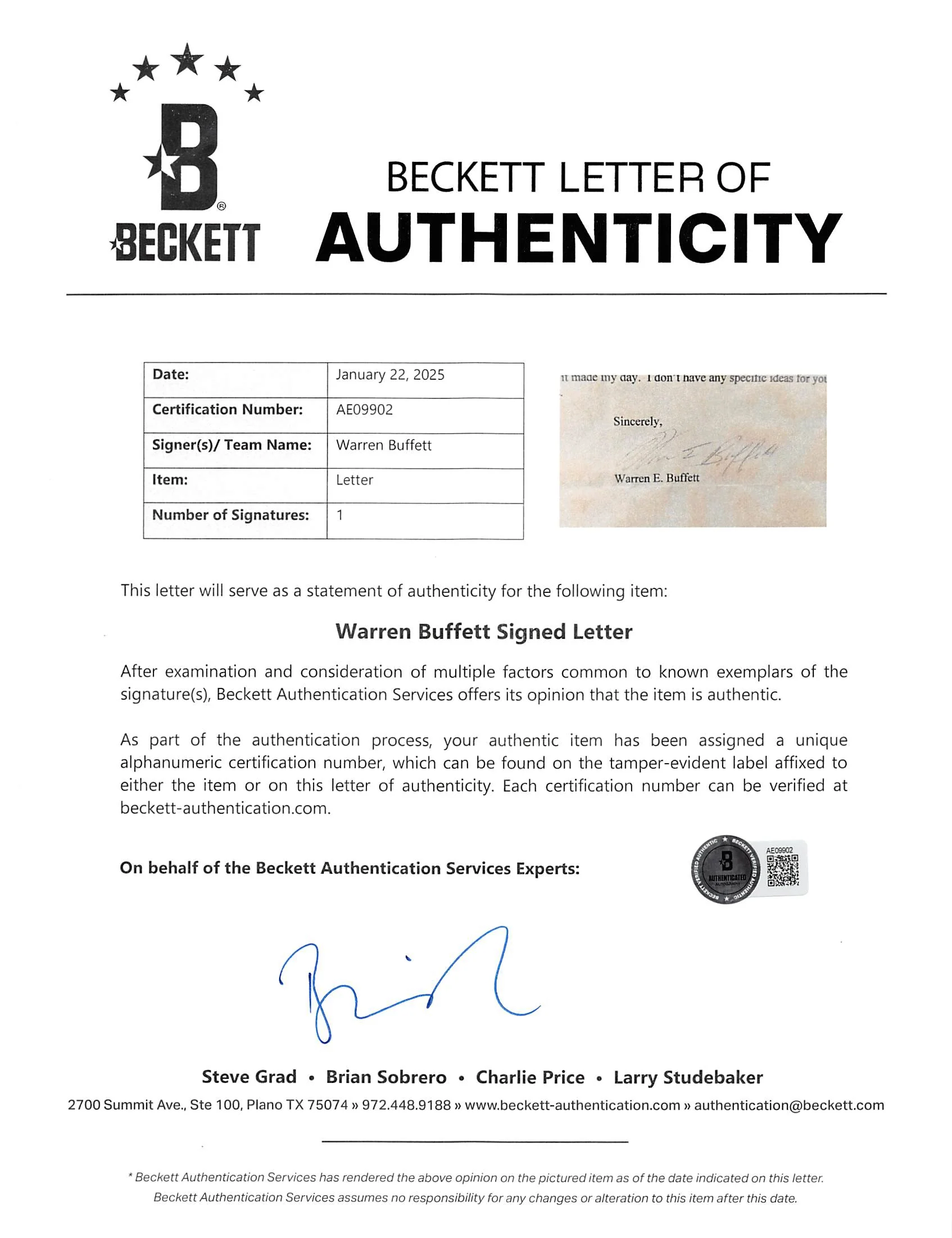 Warren Buffett Signed 8.5x11 Framed Letter On Berkshire Hathaway Letterhead BAS - Image 4