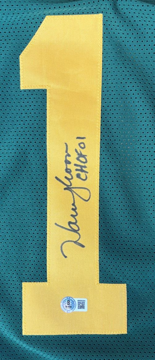 Warren Moon Edmonton Signed Green Football Jersey CHOF 01 Inscribed BAS - Image 2