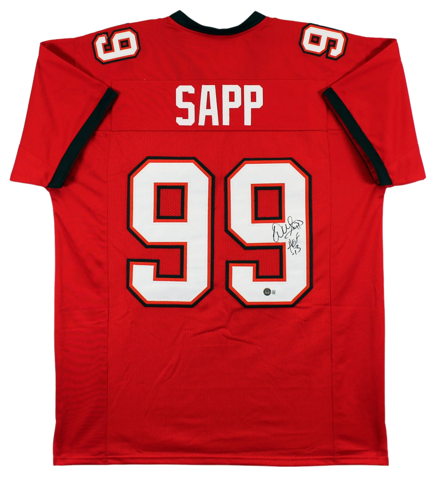 Warren Sapp "HOF 13" Authentic Signed Red Pro Style Jersey BAS Witnessed - Image 2