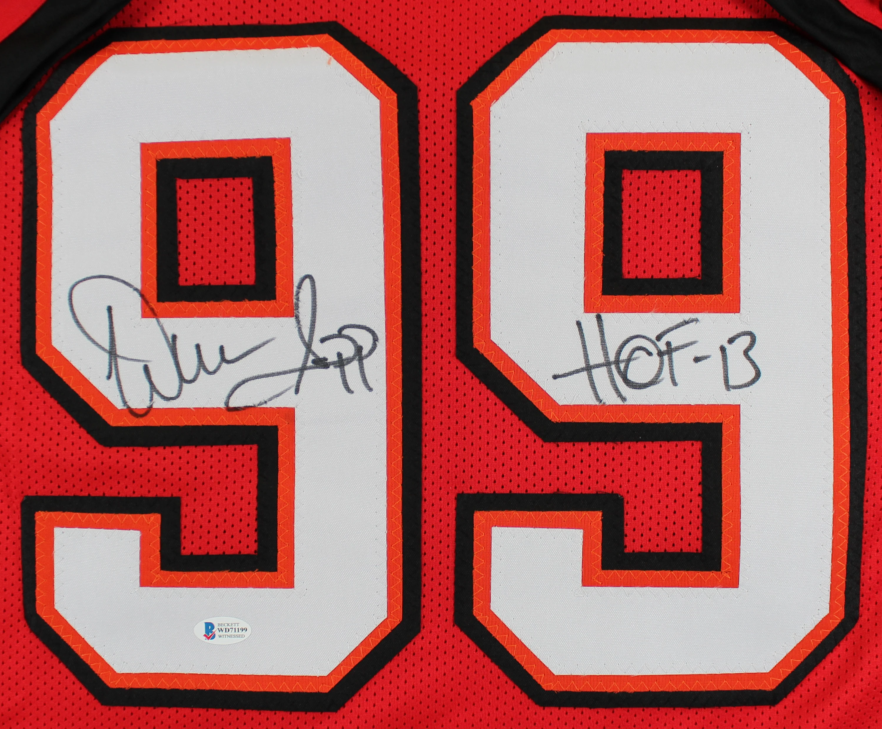 Warren Sapp "HOF 13" Authentic Signed Red Pro Style Jersey BAS Witnessed - Image 3
