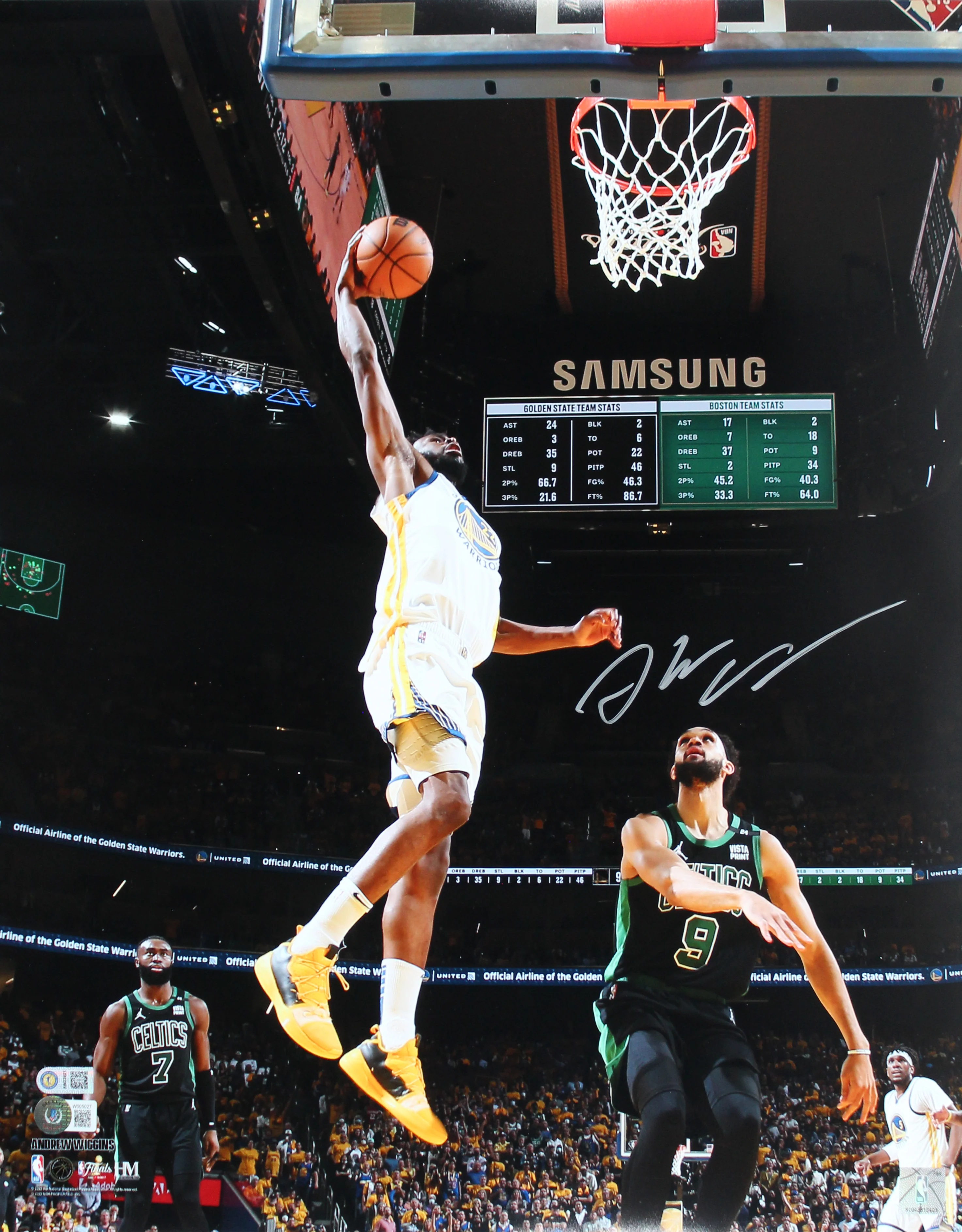 Warriors Andrew Wiggins Signed 16x20 Vertical Dunk Photo Vs Celtics BAS Witness - Image 2