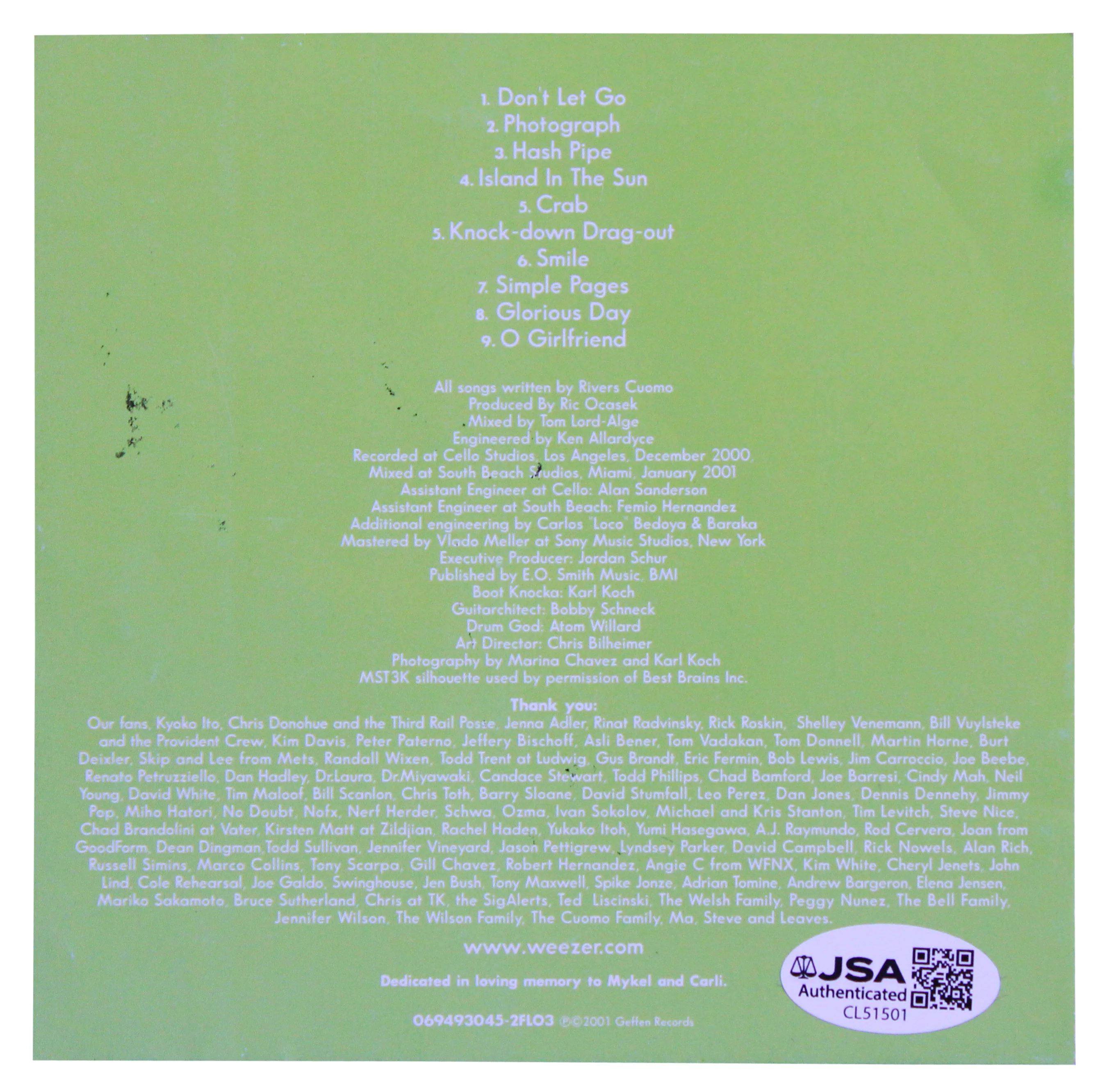 Weezer (4) Cuomo, Shriner, Bell & Wilson Signed Green Album Cd Insert JSA - Image 4