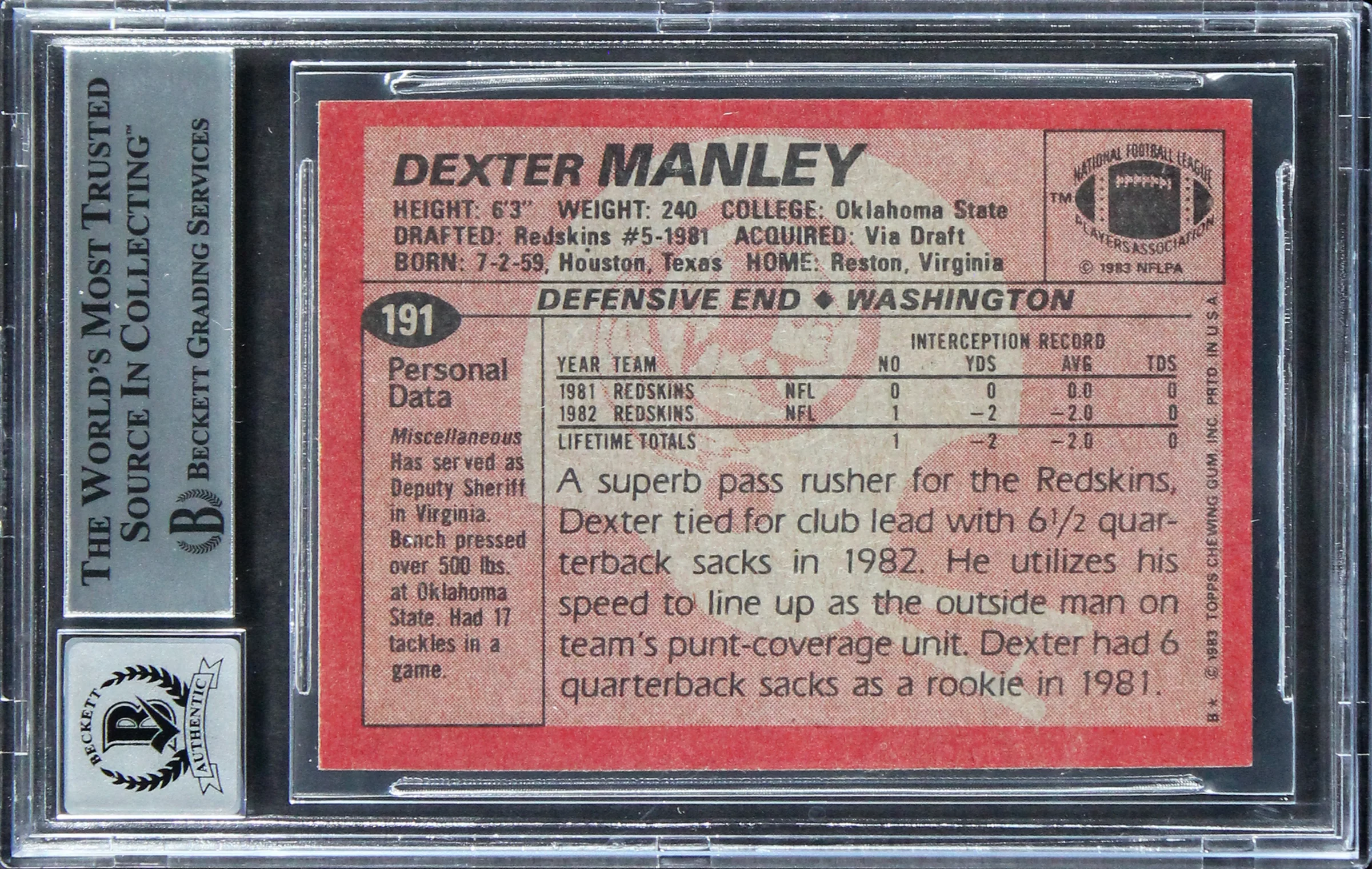 WFT Dexter Manley Signed 1983 Topps #191 Rookie Card Auto 10! BAS Slabbed - Image 3