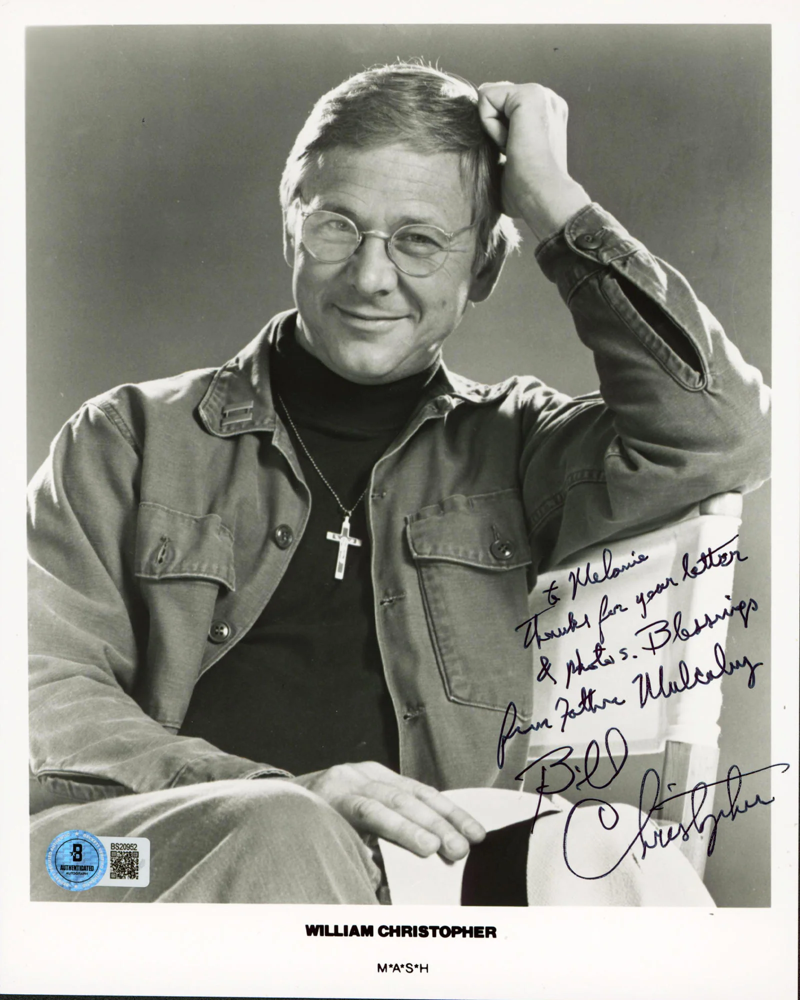 William Christopher MASH "To Melanie.. Father Mulcahy" Signed 8x10 Photo BAS - Image 2