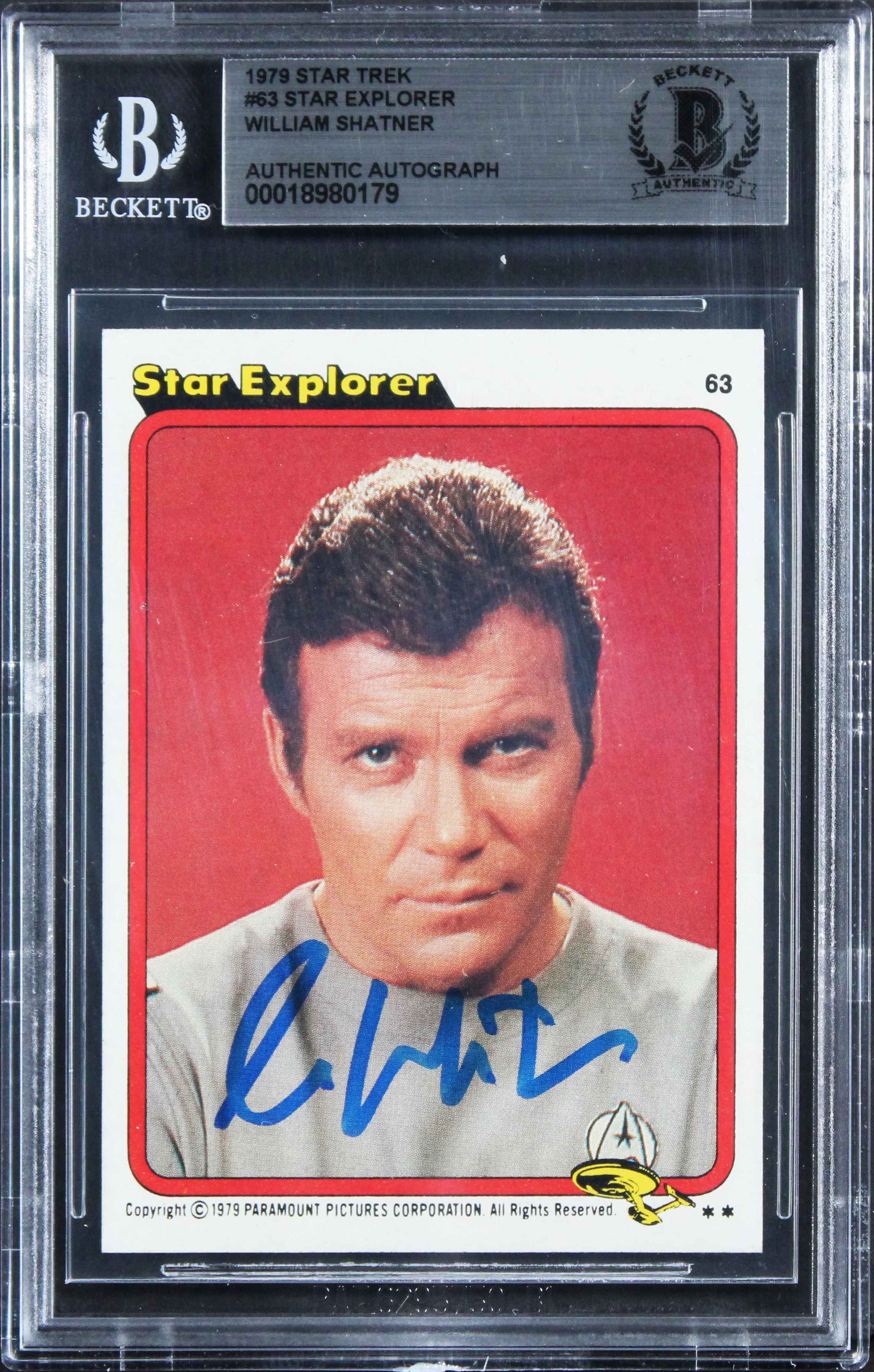 William Shatner Authentic Signed 1979 Star Trek #63 Explorer Card BAS Slabbed - Image 2