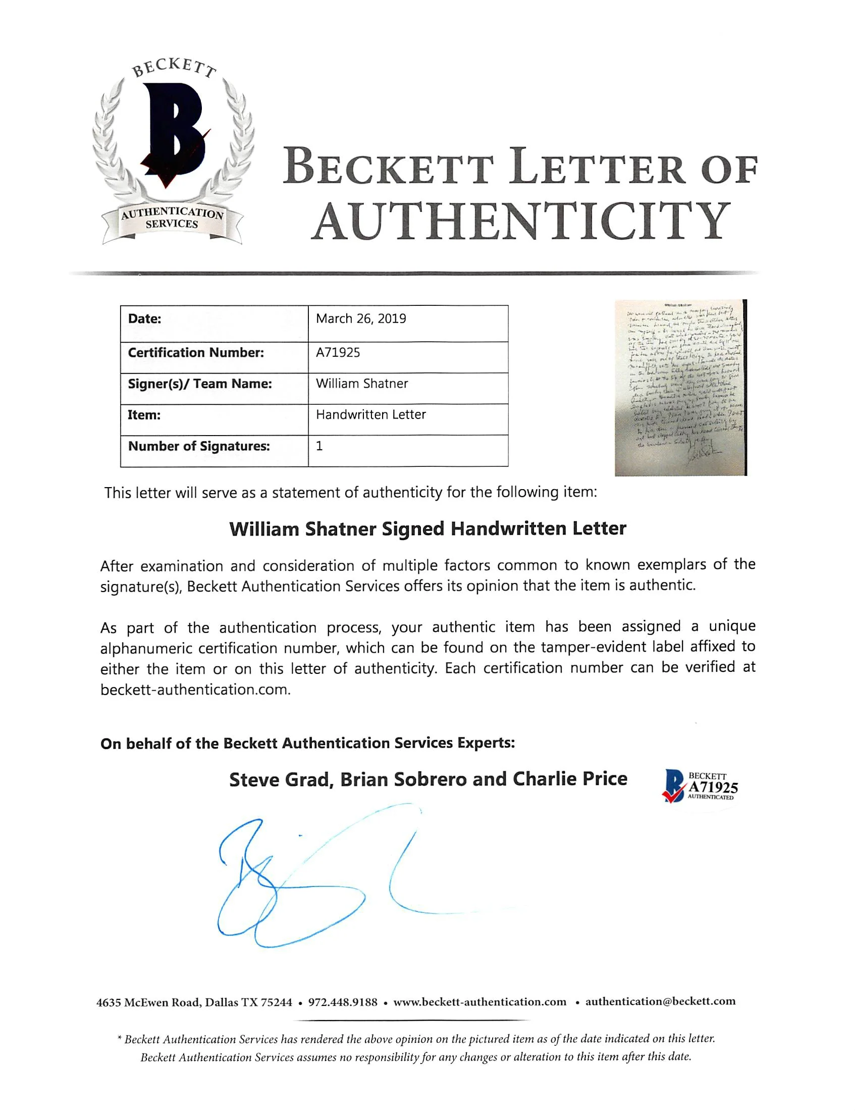 William Shatner Signed 7.25x10.5 1 Page Essay on Personal Letterhead BAS #A71925 - Image 6