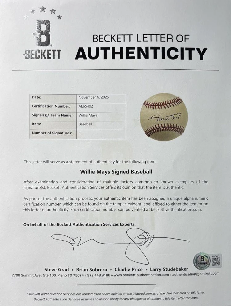 Willie Mays San Francisco Giants Signed Official NL Baseball BAS AE65402 - Image 3