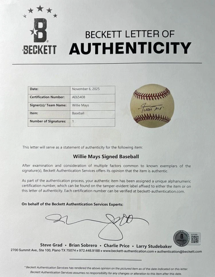 Willie Mays San Francisco Giants Signed Official NL Baseball BAS AE65408 - Image 3