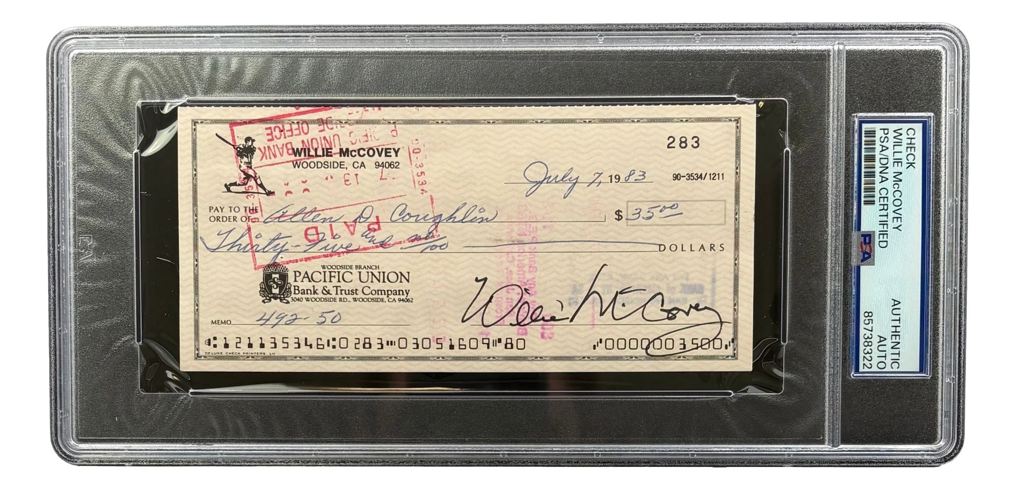 Willie McCovey San Francisco Giants Signed Bank Check #283 PSA/DNA