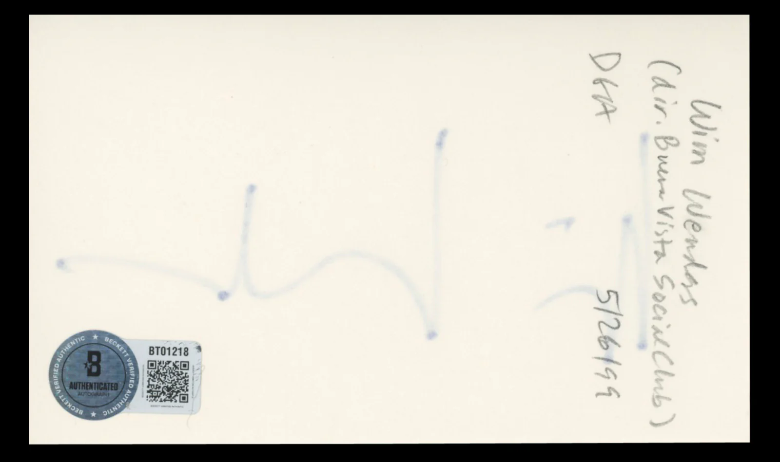 Wim Wenders Buena Vista Social Club Authentic Signed 3x5 Index Card BAS #BT01218 - Image 3
