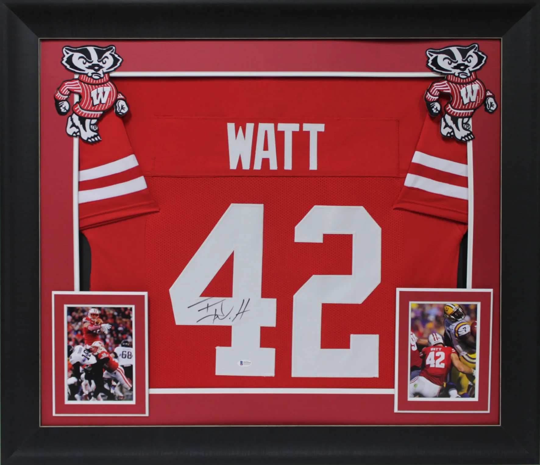 Wisconsin T.J. Watt Authentic Signed Red Pro Style Framed Jersey BAS Witnessed - Image 2