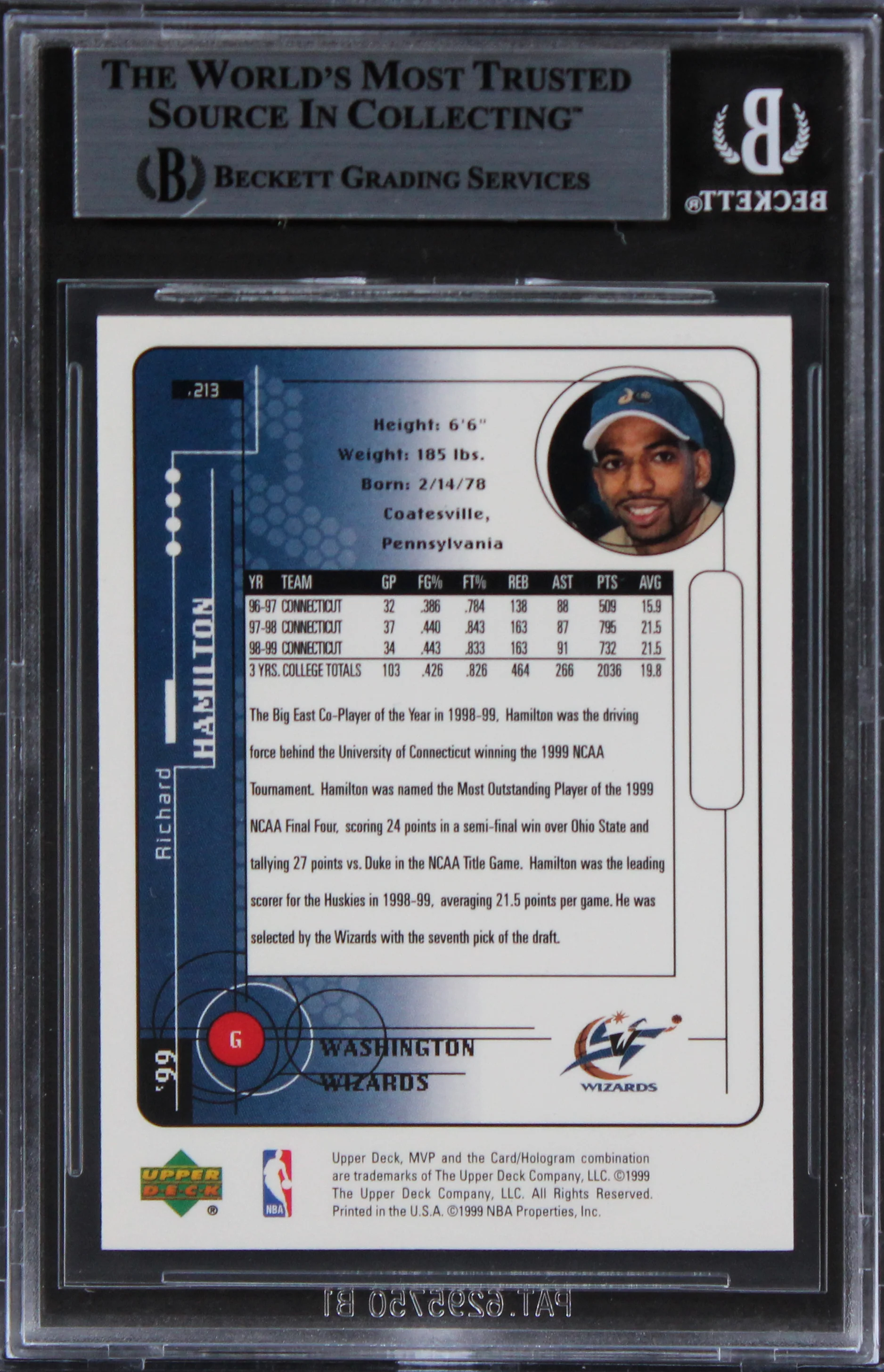 Wizards Richard Hamilton Signed 1999 Upper Deck MVP #213 Rookie Card BAS Slab - Image 3