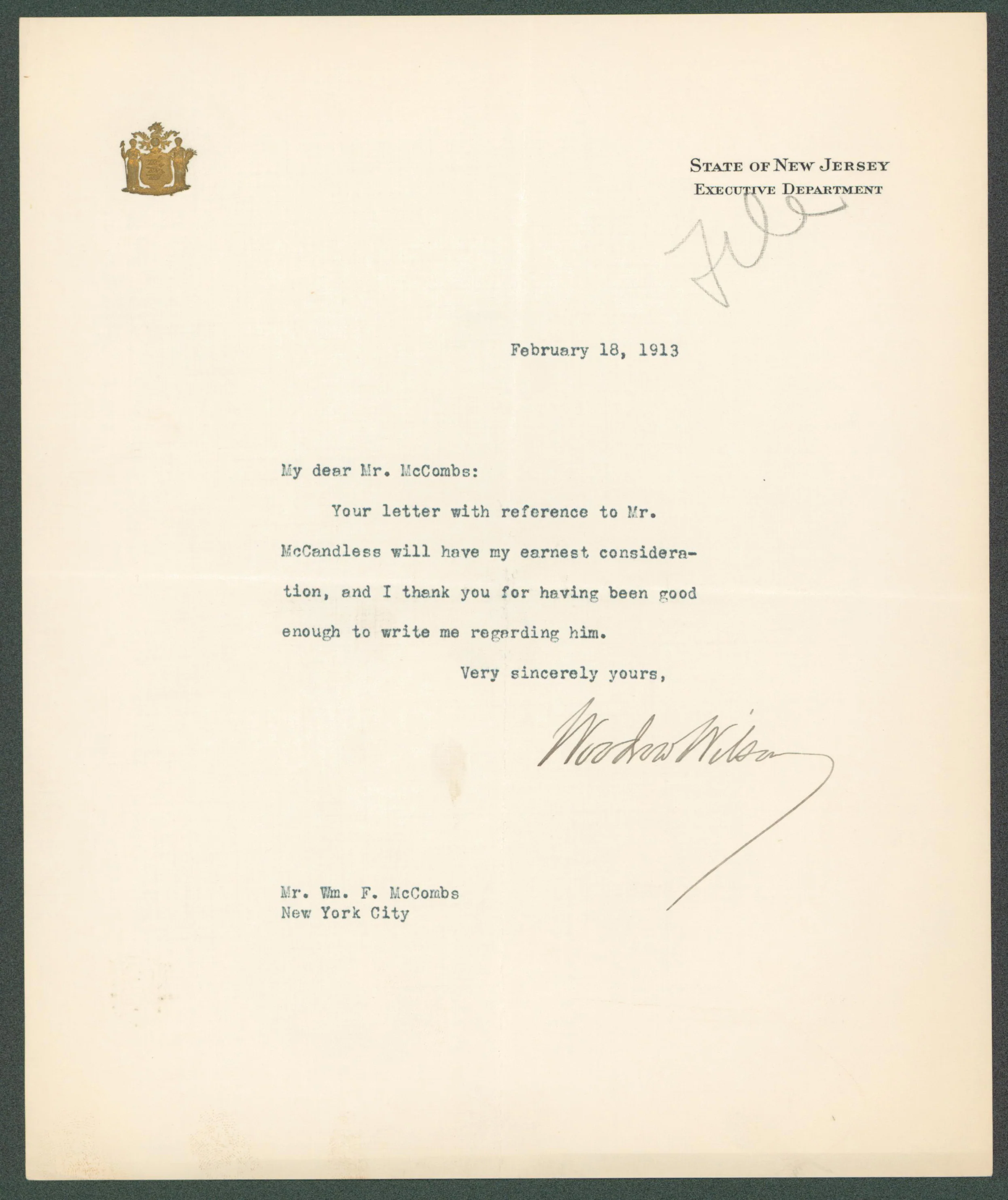 Woodrow Wilson Authentic Signed 7.85x9.5 Letter February 18, 1913 BAS #AB14547 - Image 2