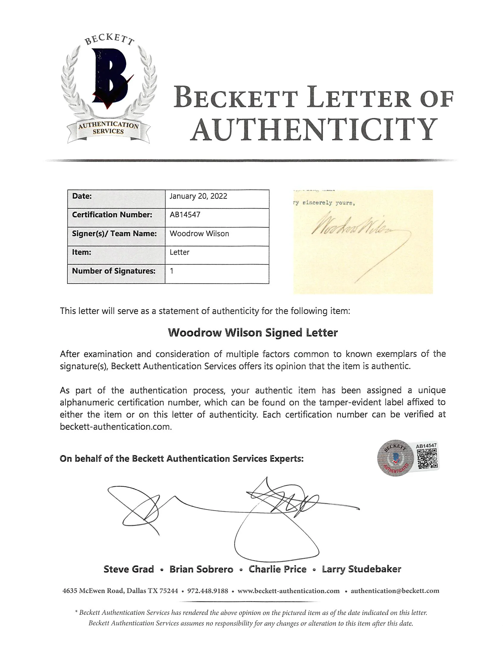 Woodrow Wilson Authentic Signed 7.85x9.5 Letter February 18, 1913 BAS #AB14547 - Image 4