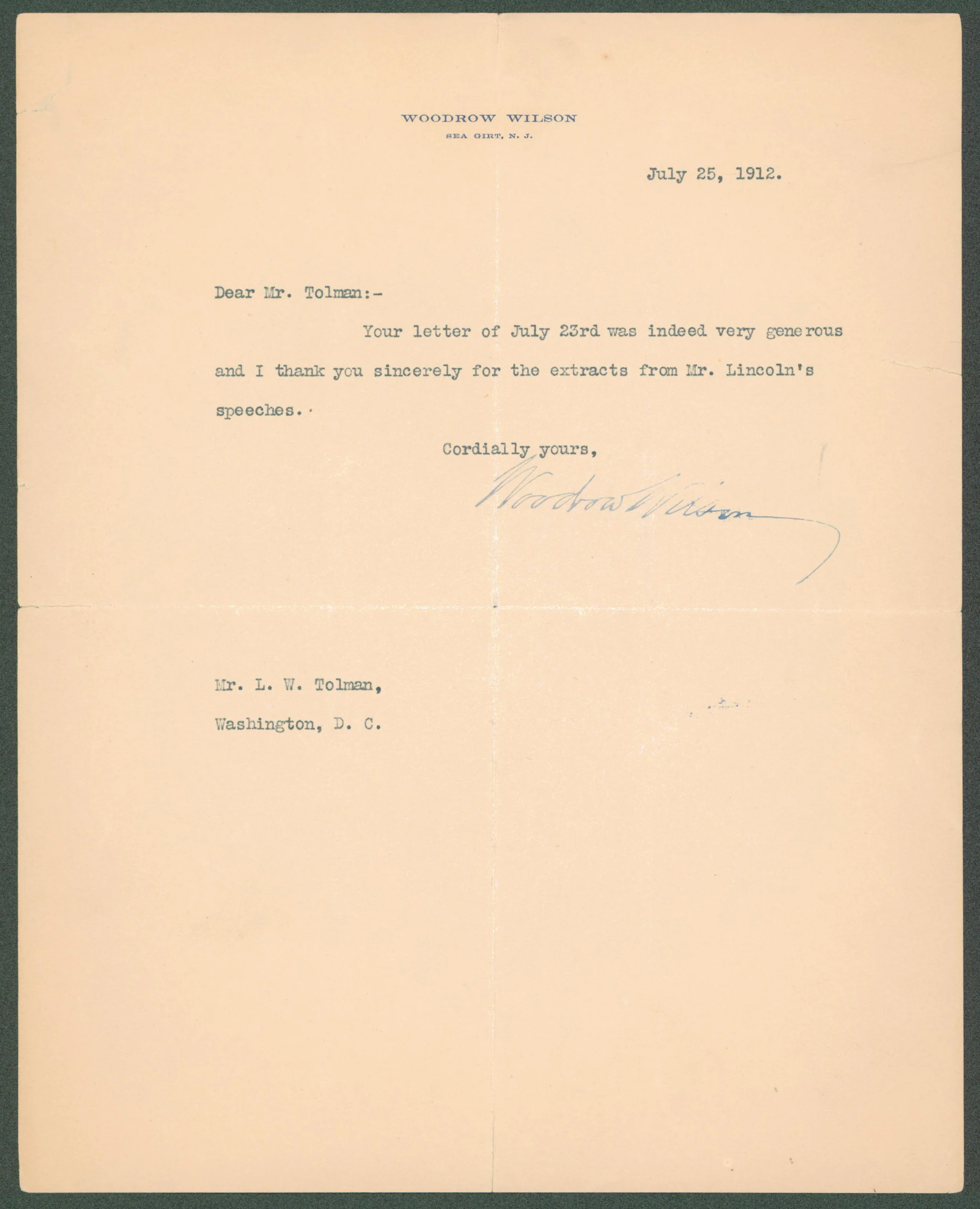 Woodrow Wilson Authentic Signed 8x10 Letter Dated July 25, 1912 BAS #AB14552