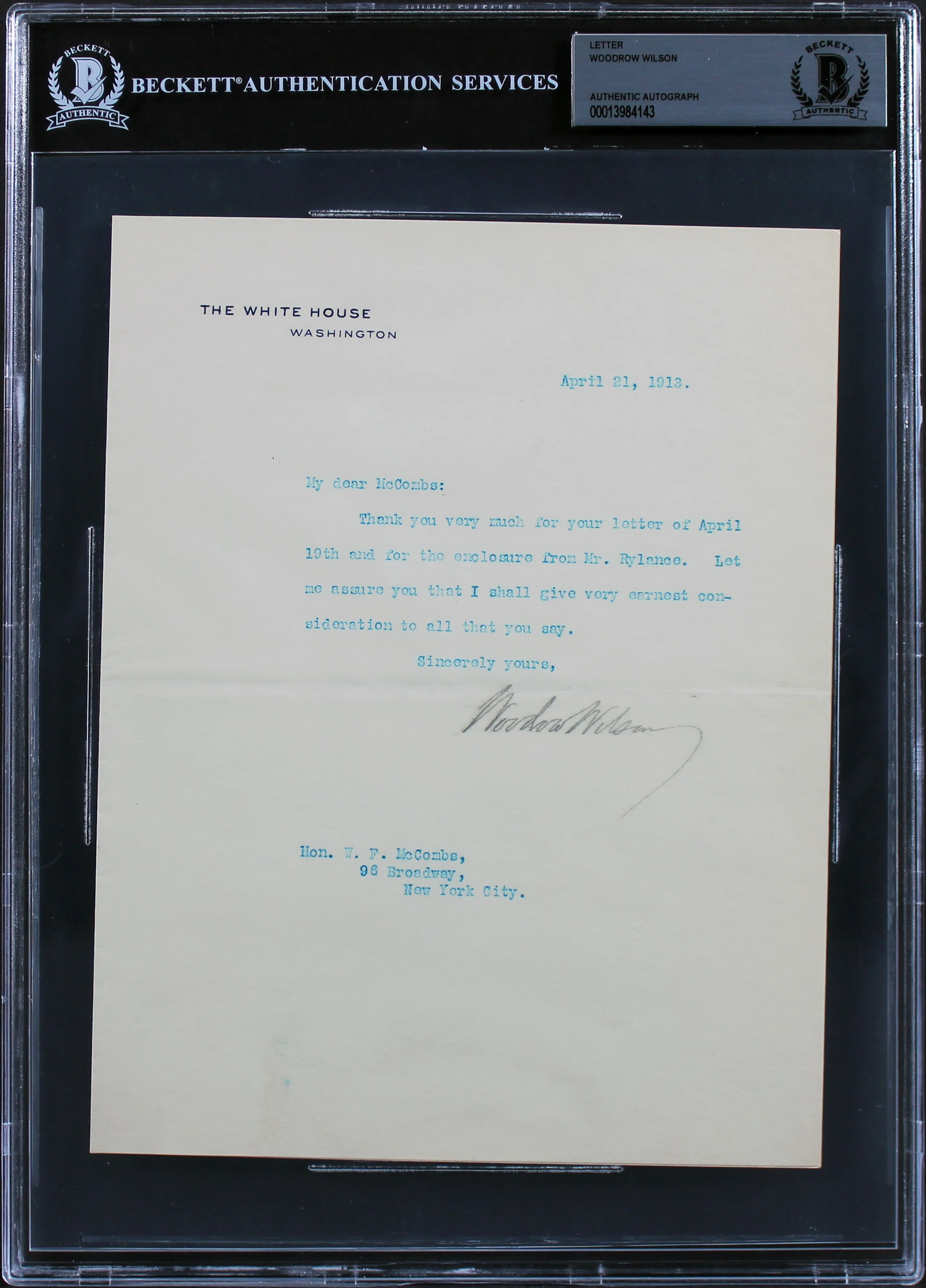 Woodrow Wilson Signed 7x8.75 1913 Letter On White House Letterhead BAS Slab - Image 2