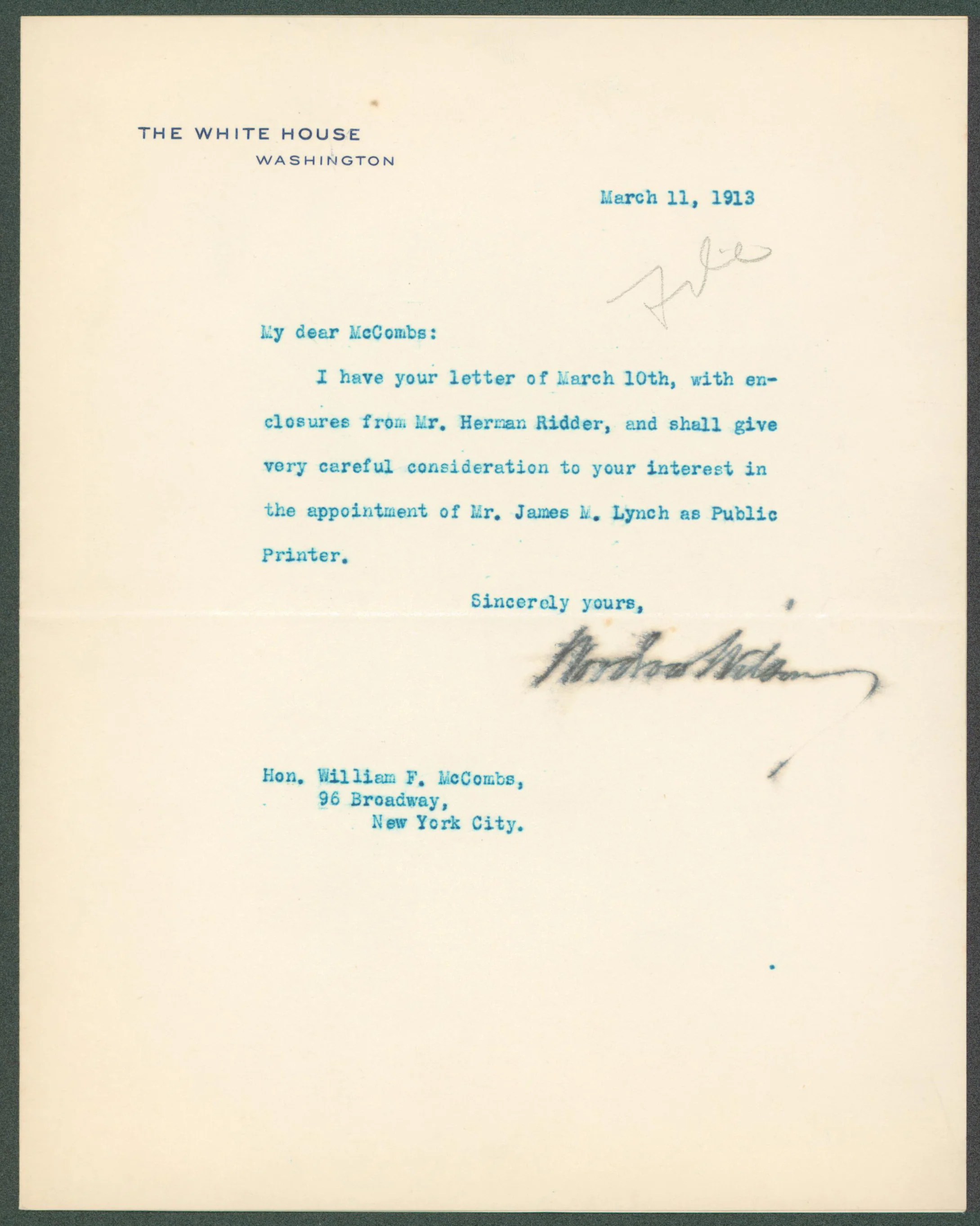 Woodrow Wilson Signed 7x8.8 1913 Letter On White House Letterhead BAS #AB14531 - Image 2
