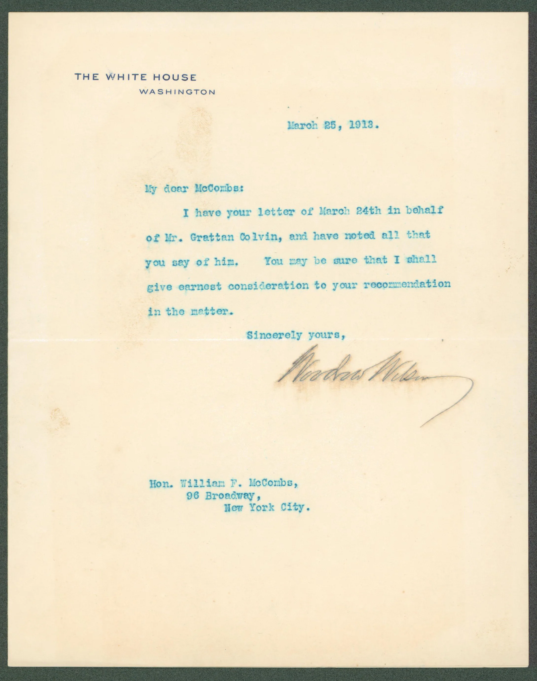 Woodrow Wilson Signed 7x8.8 1913 Letter On White House Letterhead BAS #AB14532 - Image 2