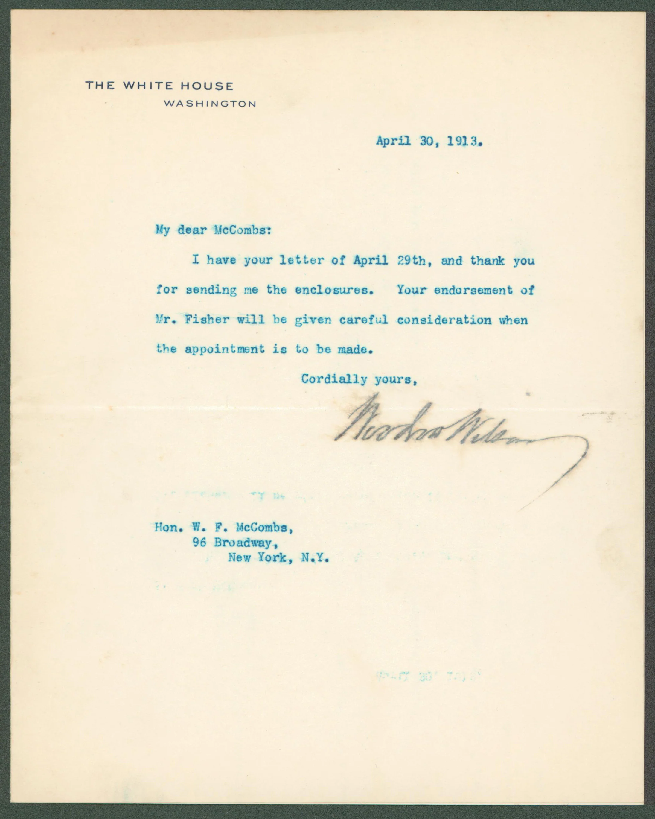 Woodrow Wilson Signed 7x8.8 1913 Letter On White House Letterhead BAS #AB14536 - Image 2