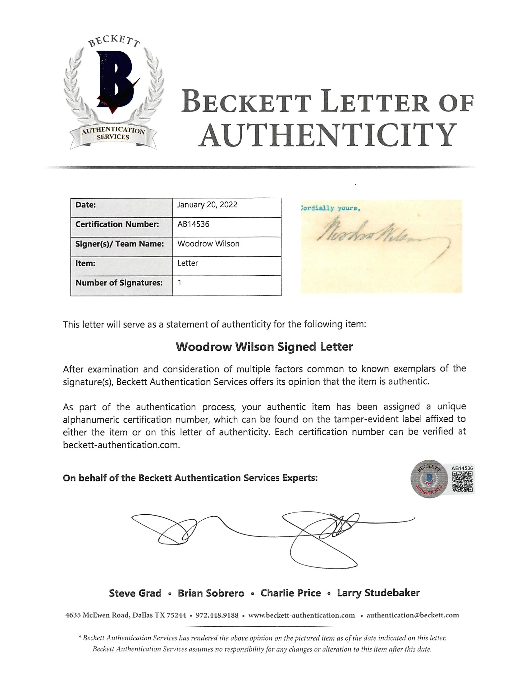 Woodrow Wilson Signed 7x8.8 1913 Letter On White House Letterhead BAS #AB14536 - Image 4